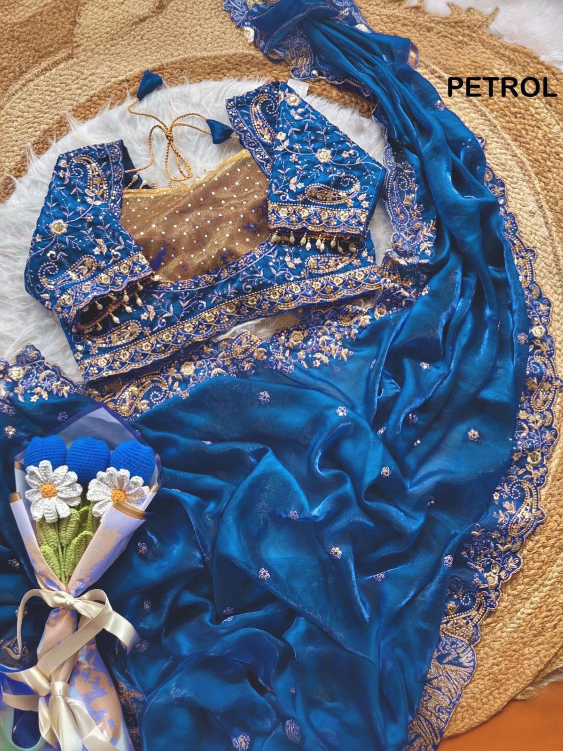 Image of HK TEX Embroidered Berhampuri Pure Silk Saree (Blue)