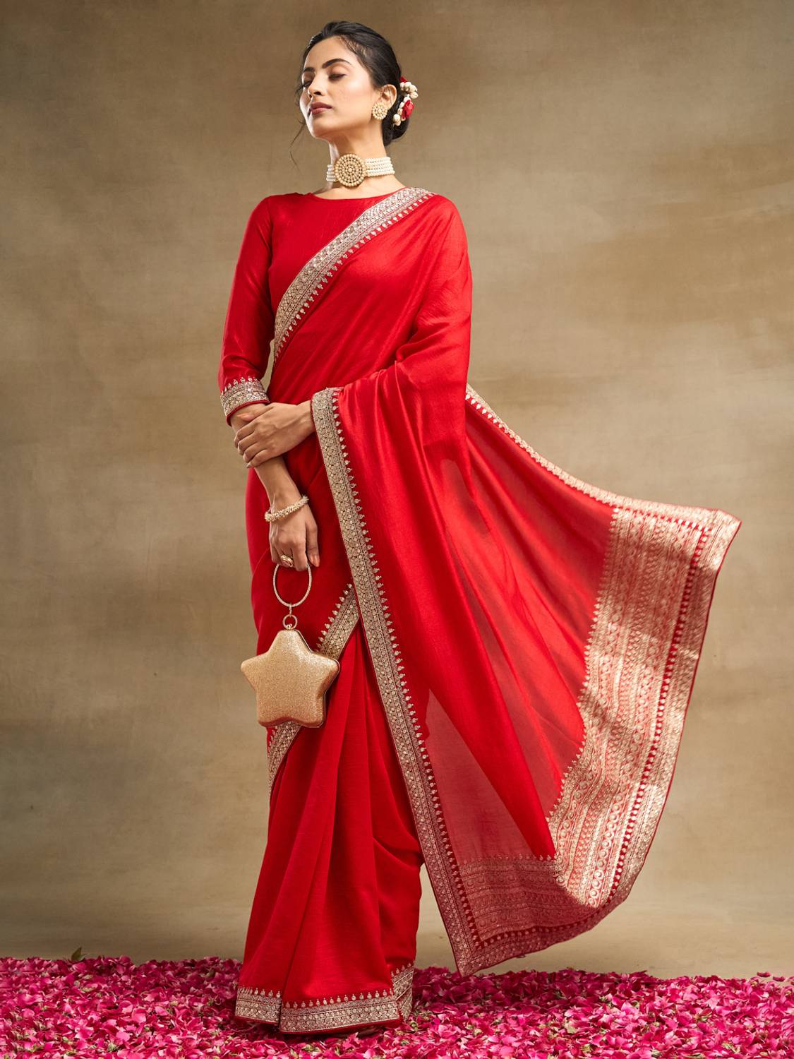 KASEE Embroidered Bollywood Pure Silk Saree (Red)