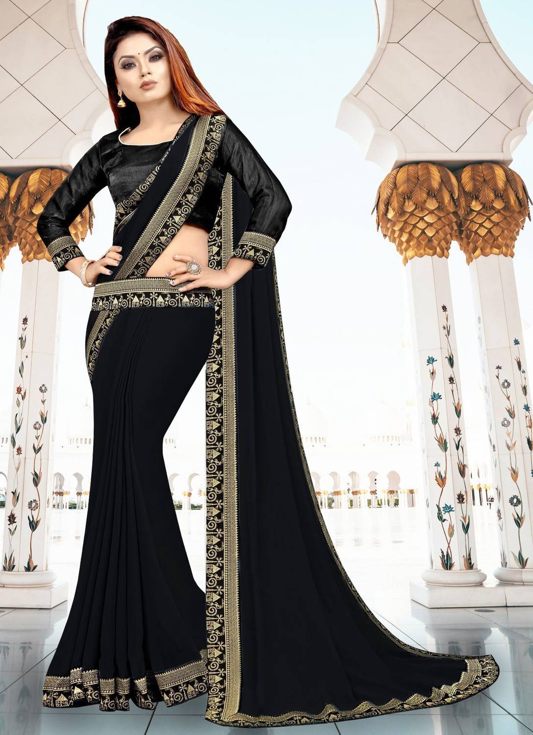 HNC Retail Solid/Plain Bollywood Lycra Blend, Chiffon Saree (Blac