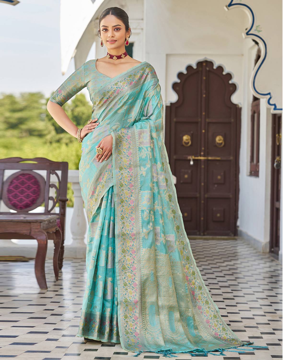Satrani Woven, Embellished Banarasi Silk Blend Saree (Light Blue)
