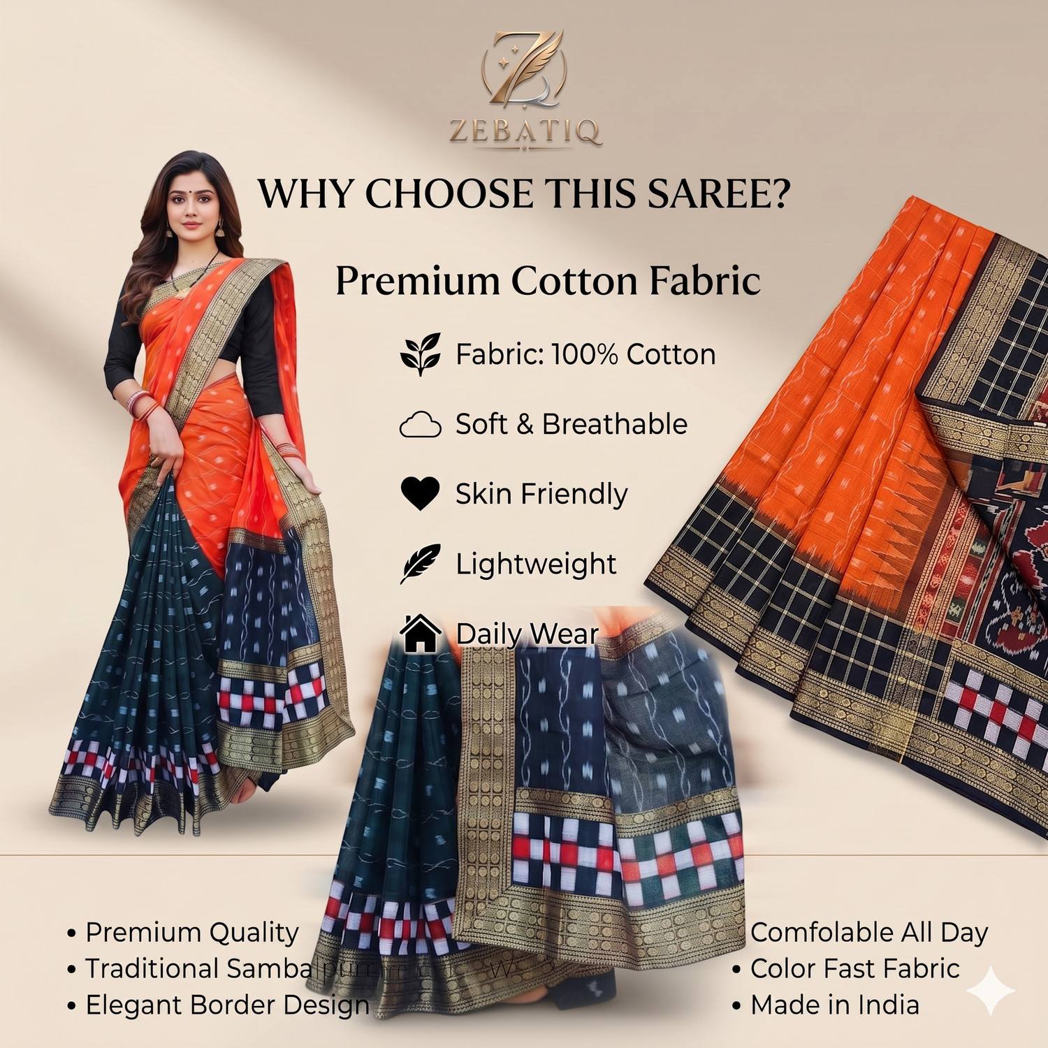 Image of ZEBATIQ Woven Sambalpuri Pure Cotton Saree