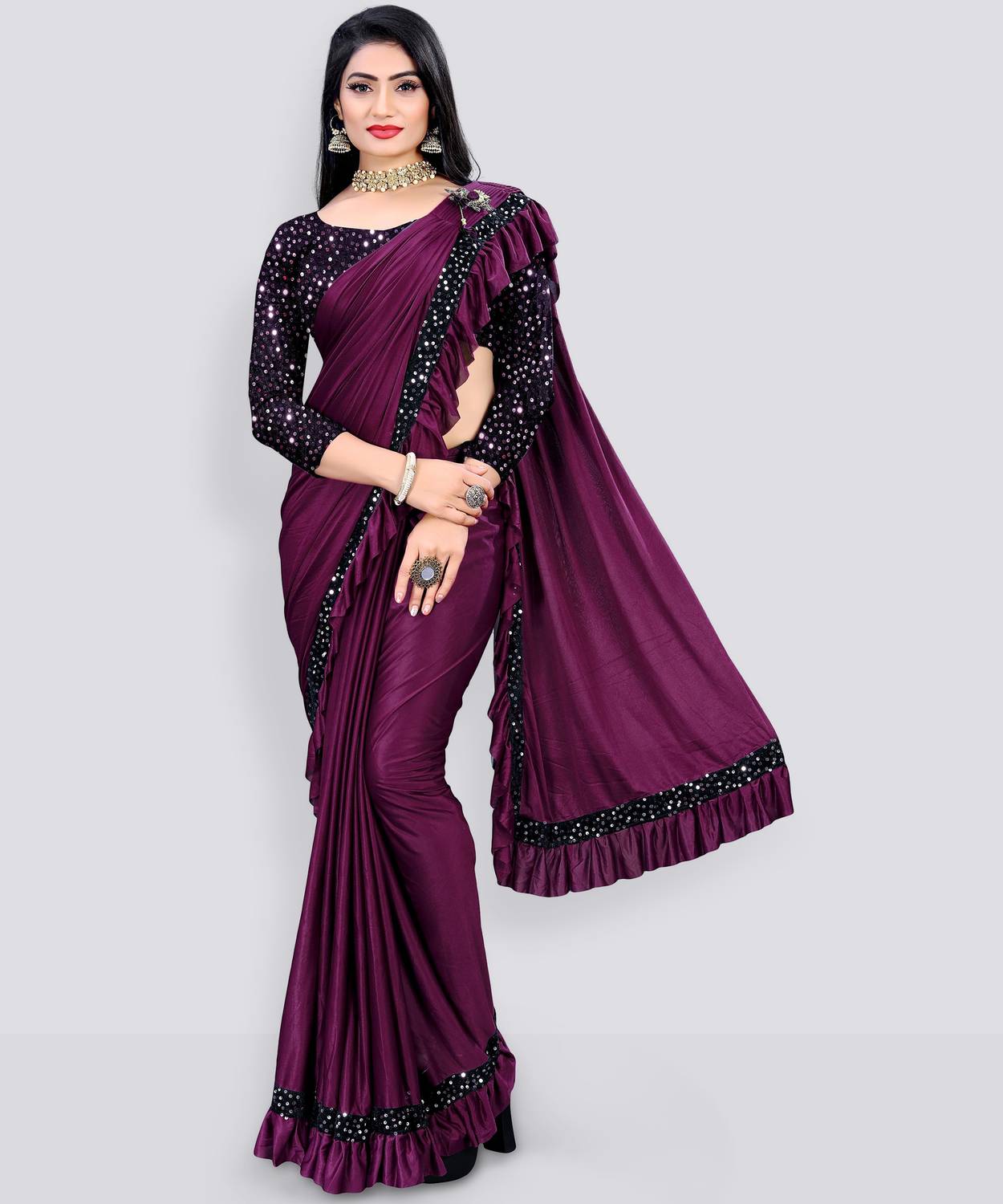 MIJAASHREE Embellished Bollywood Lycra Blend Saree (Purple)
