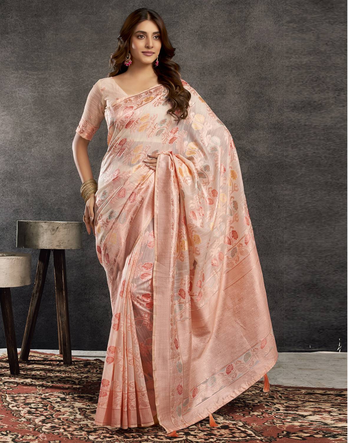 Satrani Dyed, Woven, Embellished Chanderi Silk Blend Saree (Cream