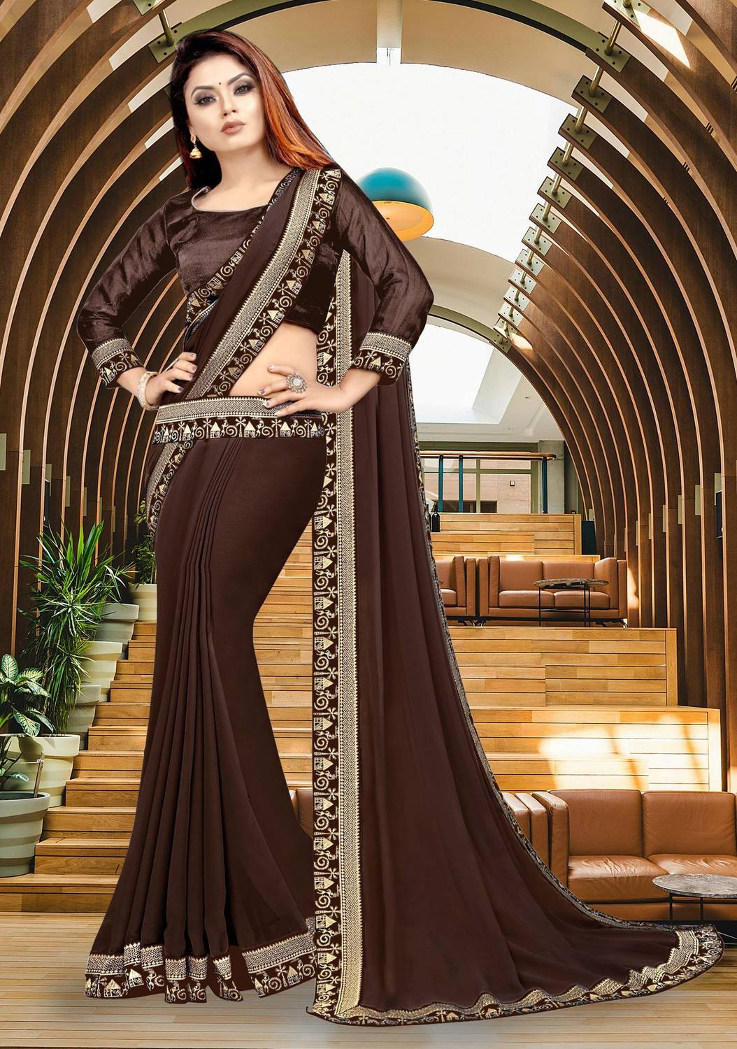 HNC Retail Solid/Plain Bollywood Lycra Blend, Chiffon Saree (Brow