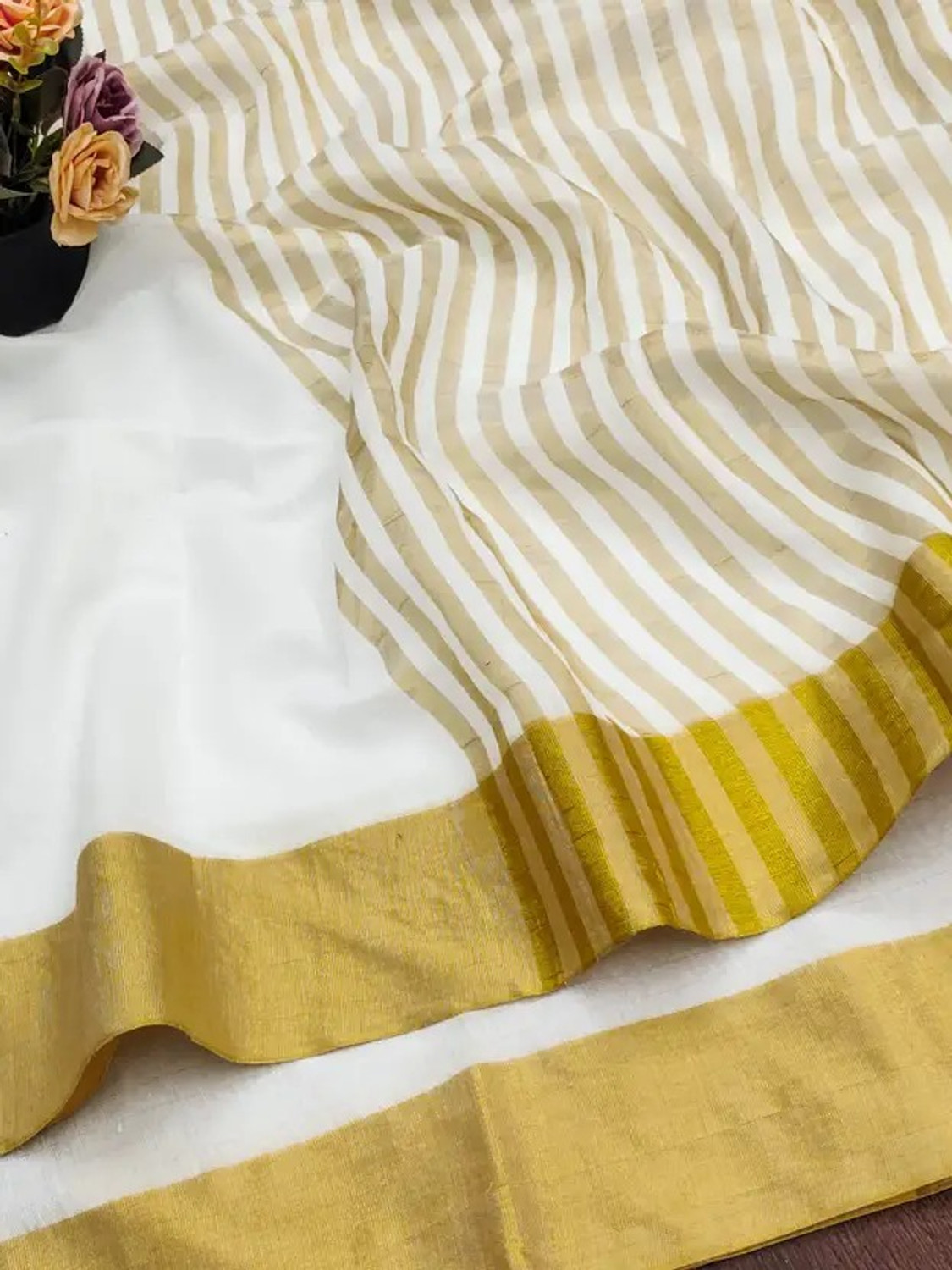 Image of HouseOfCommon Solid /Plain, Striped Kasavu Cotton Linen Saree