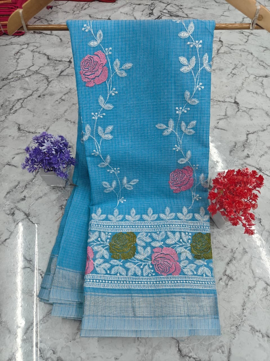 Image of Tilfelle Embroidered Kota Doria Cotton Blend Saree