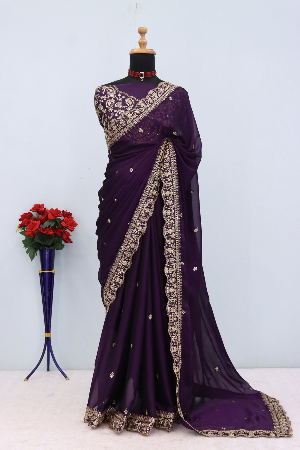 Image of KRISHNACOLLECTION9 Embroidered, Embellished, Self Design Bollywood Pure Silk Saree
