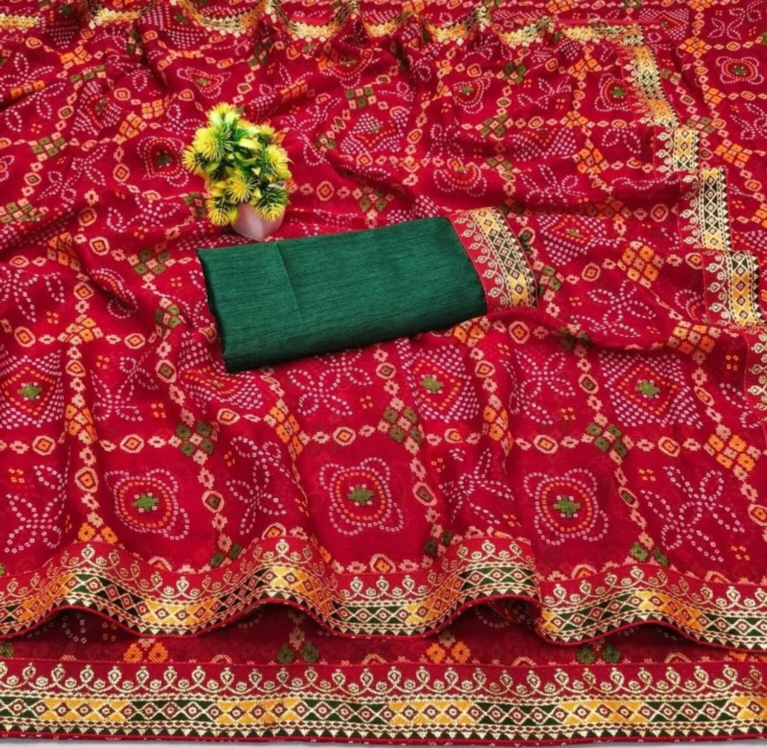 Sadhicreation Sadhcreation Printed Bandhani Georgette Saree, Red - Image 3