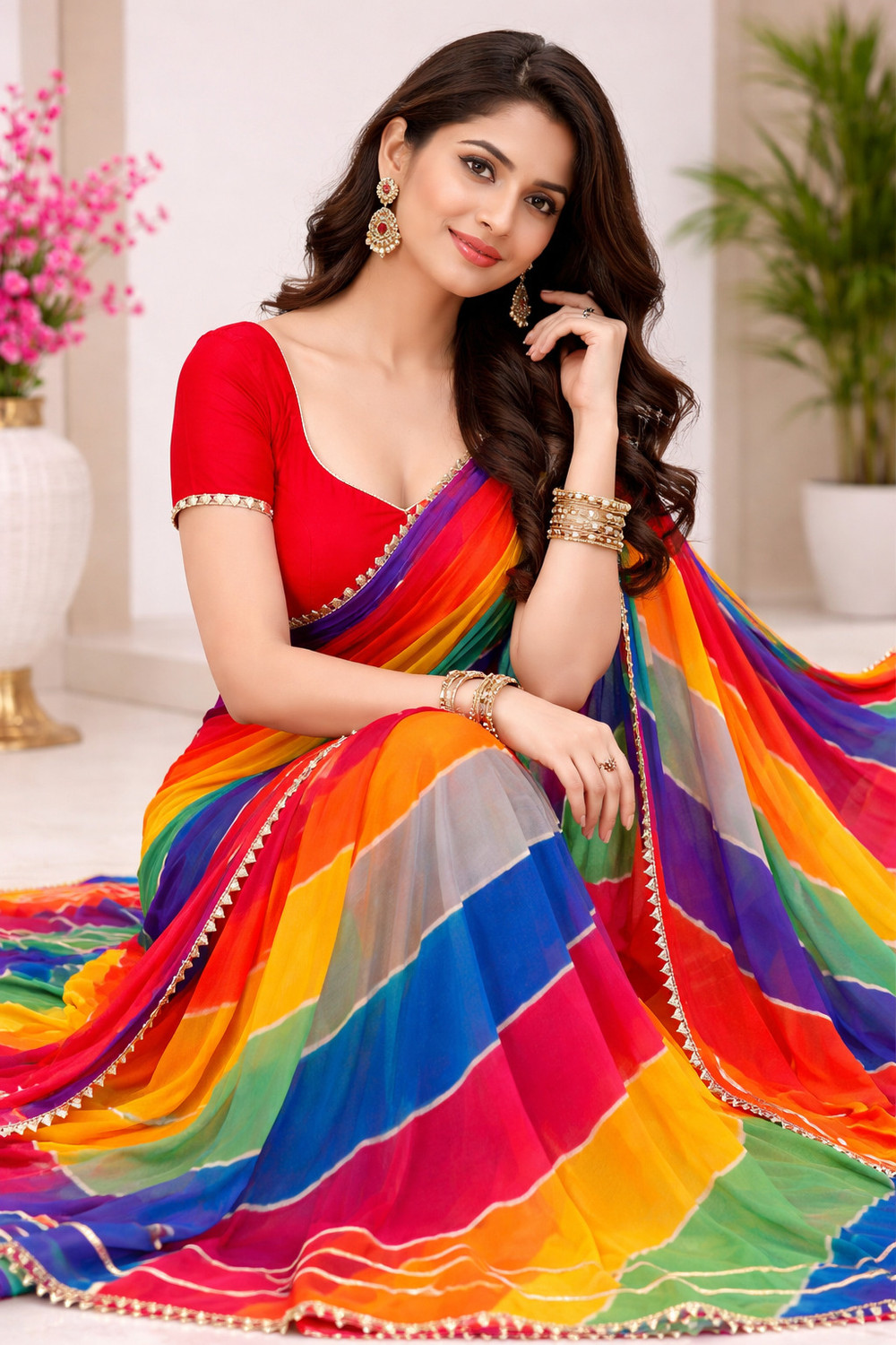 Image of Pemal Designer Printed Leheria Georgette Saree