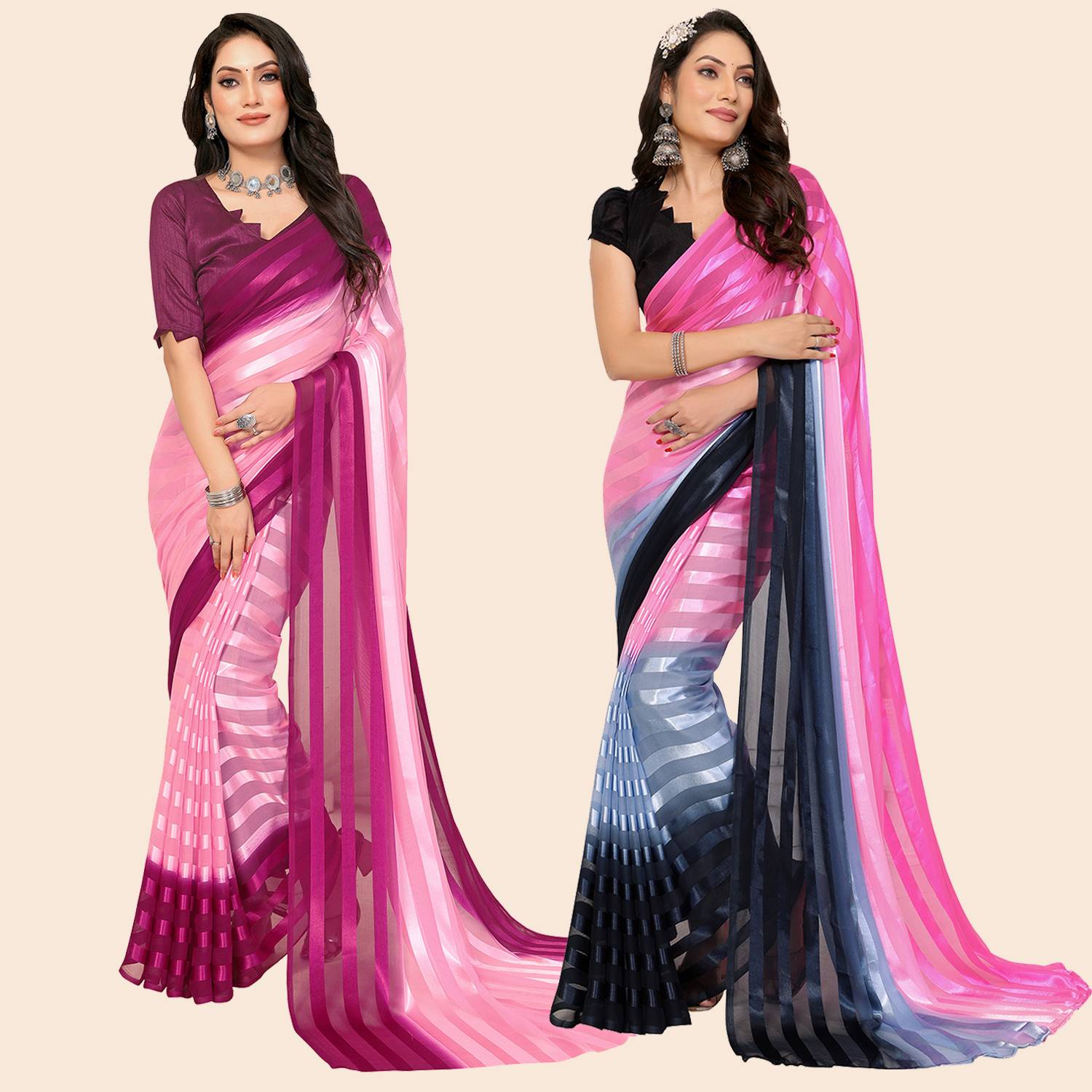 Anand Sarees Striped Bollywood Satin Saree