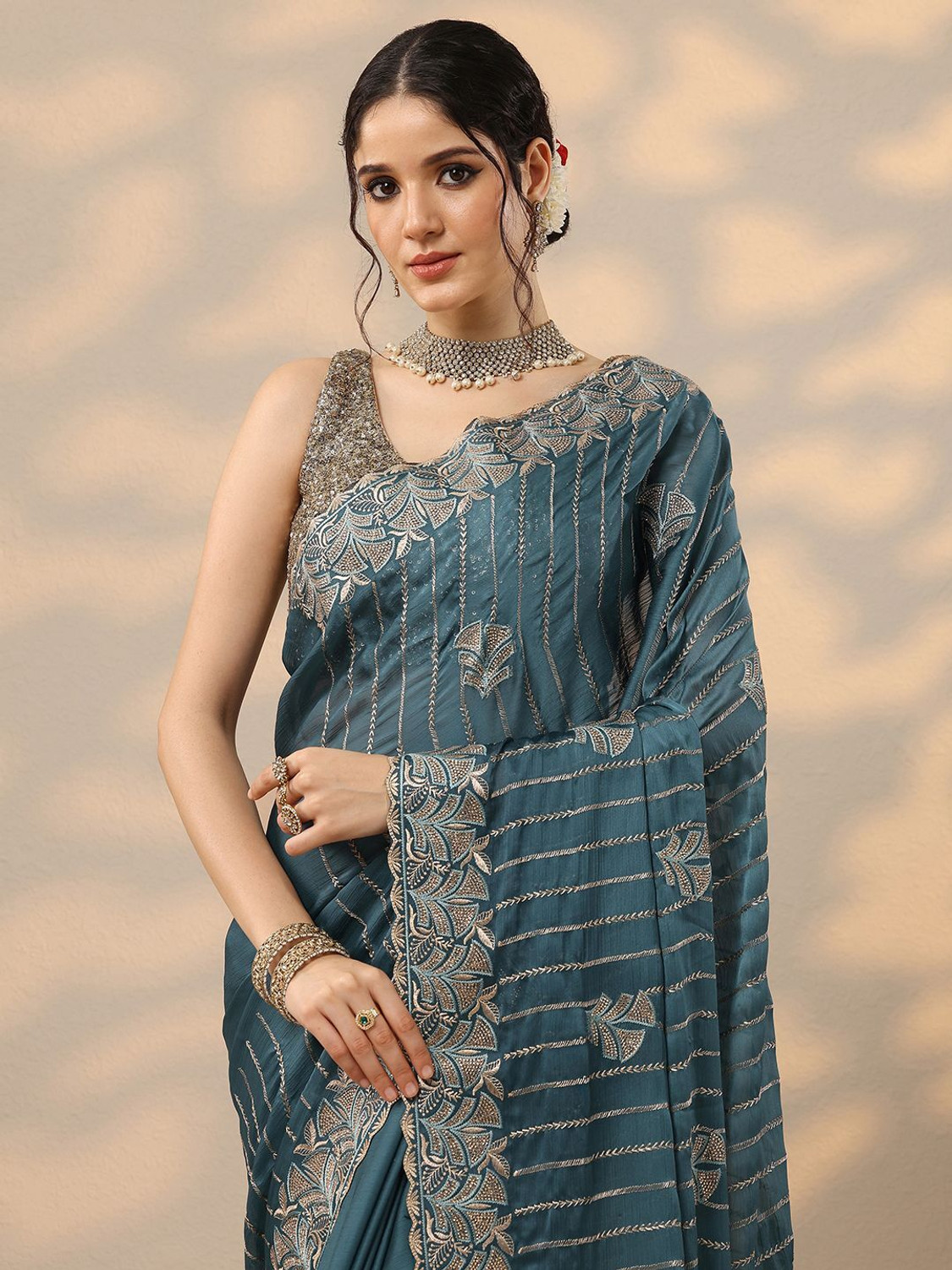 Image of LIBAS Embellished Daily Wear Silk Blend Saree (Blue)