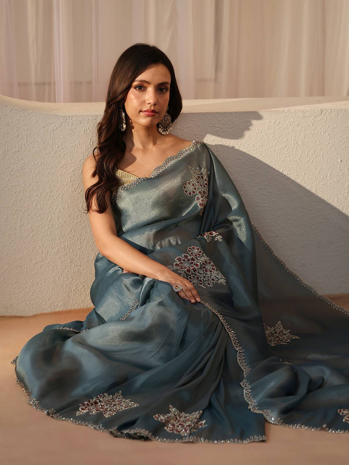 LIBAS Embellished Banarasi Tissue Saree Blue - Image 1