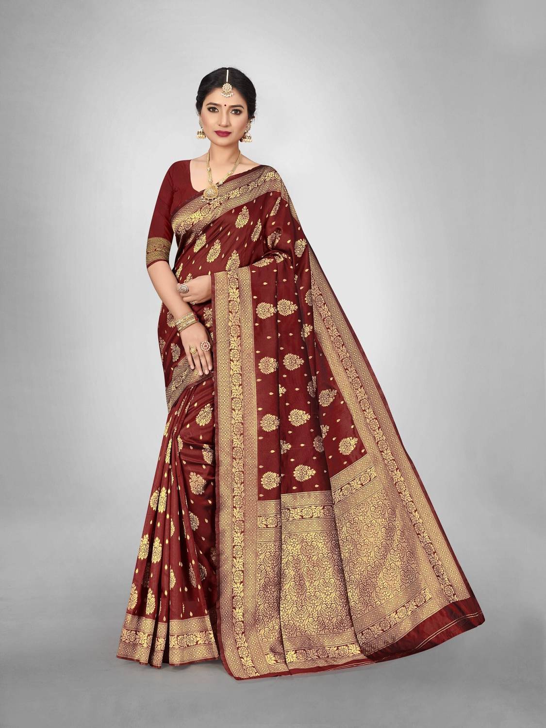 TIGERSNAKE Woven Kasavu Silk Blend Saree (Maroon)
