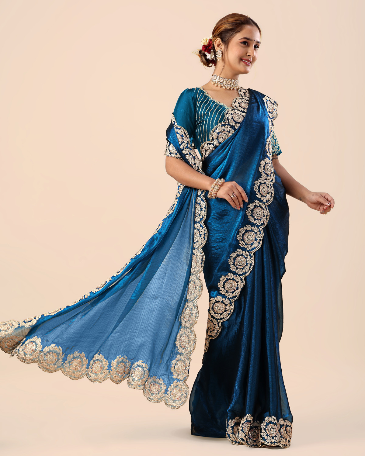 Image of Aksh Fashion Embroidered, Embellished Bollywood Chiffon Saree