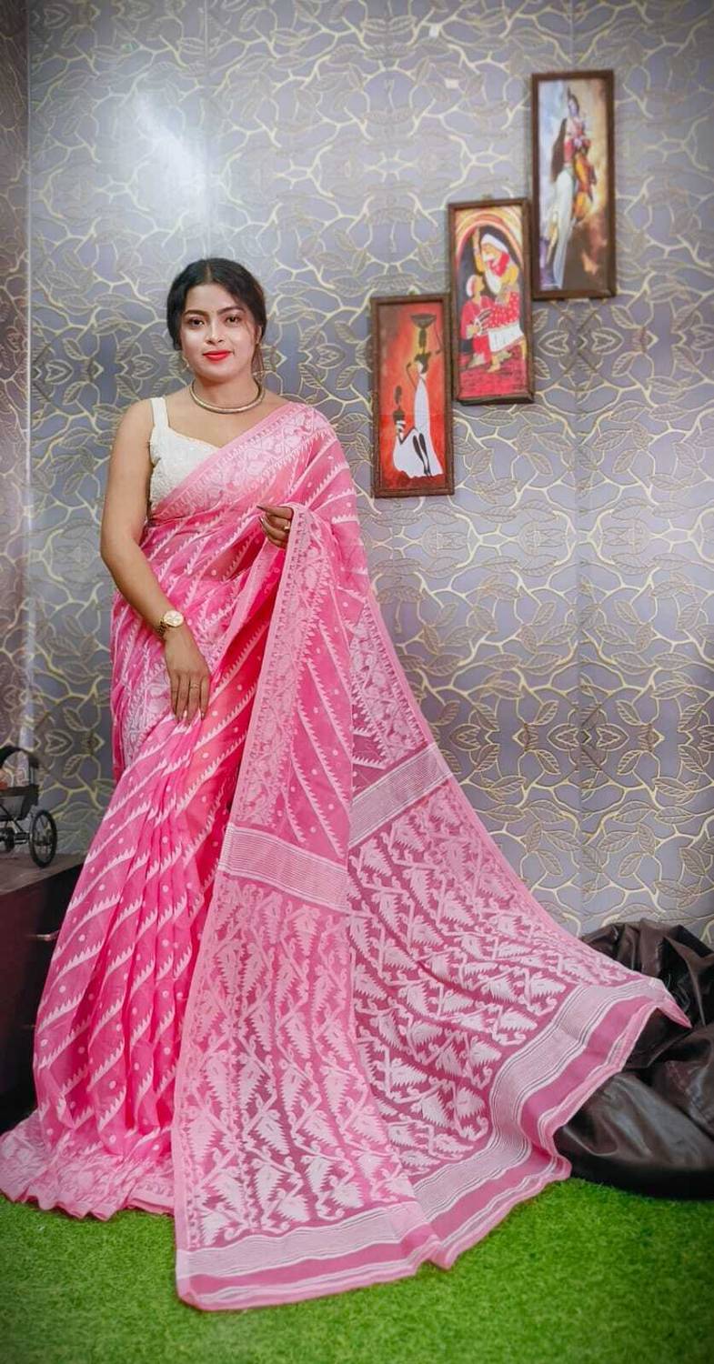 MAATARA Self Design Jamdani Cotton Silk Saree (Orange)