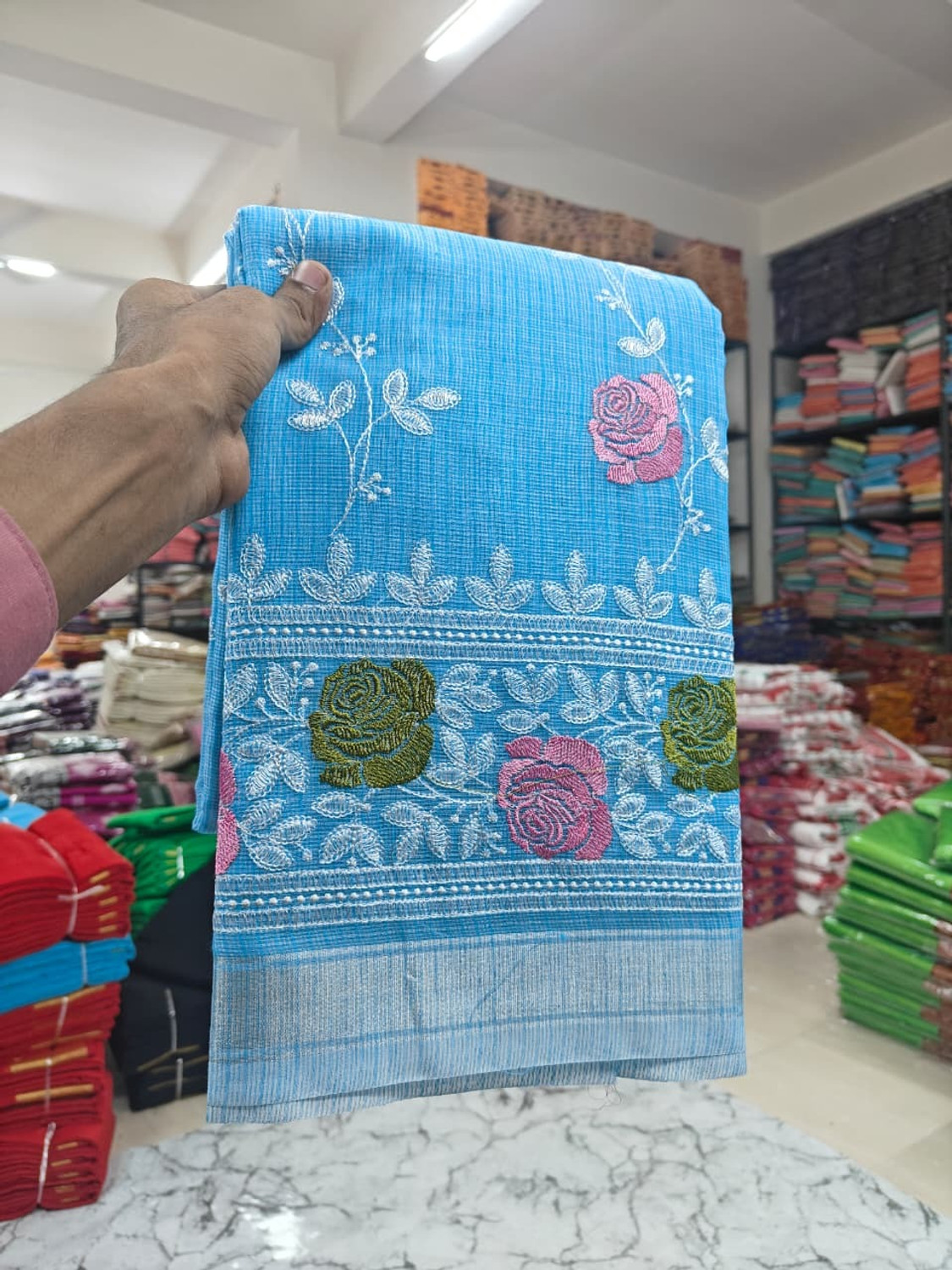 Image of Tilfelle Embroidered Kota Doria Cotton Blend Saree
