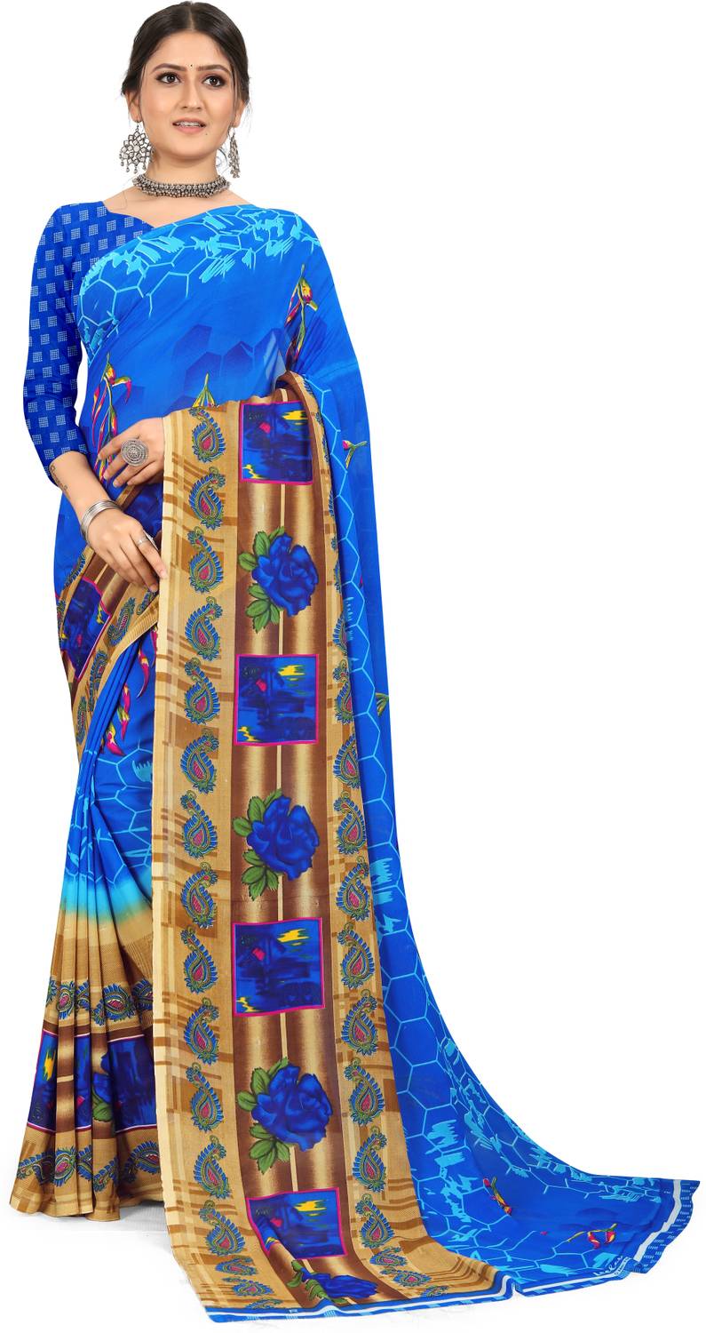 Leelavati Printed Daily Wear Georgette Saree (Blue, Brown)