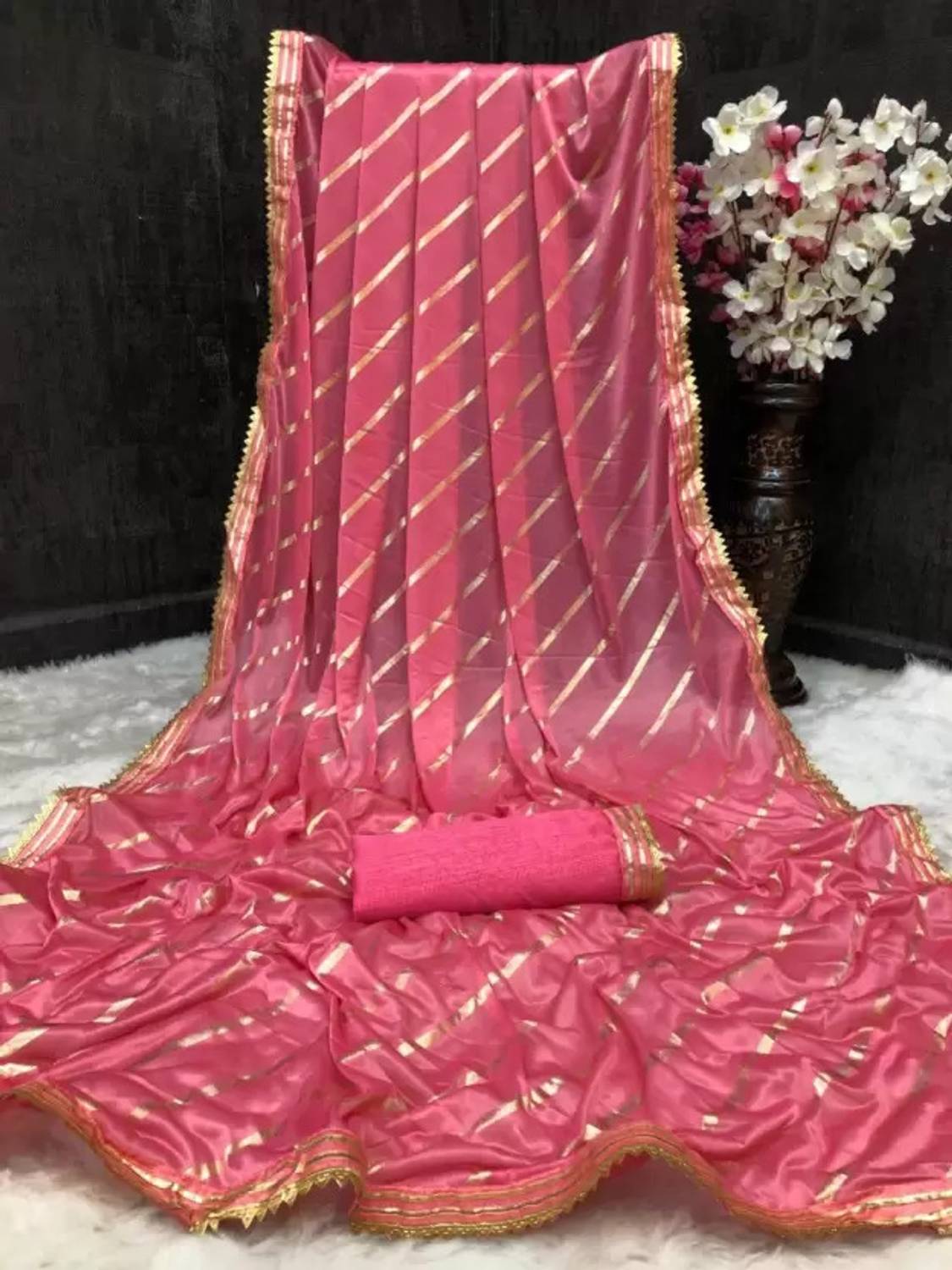 AMALAK Striped Bollywood Lycra Blend Saree
