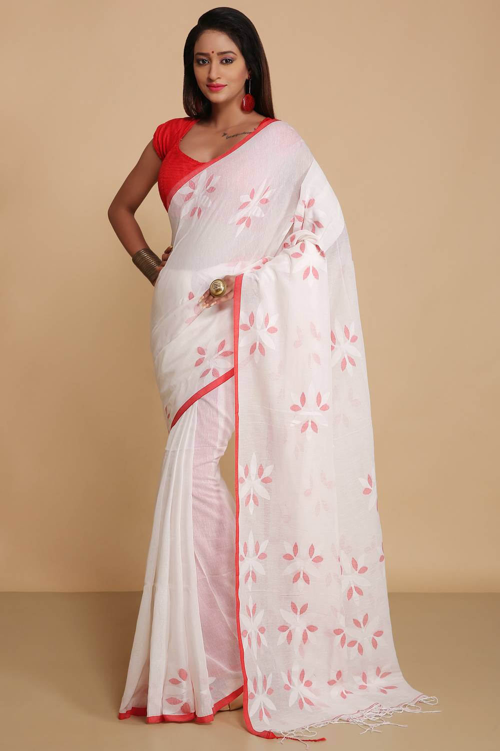 WoodenTant Woven Tant Pure Cotton Saree (White)