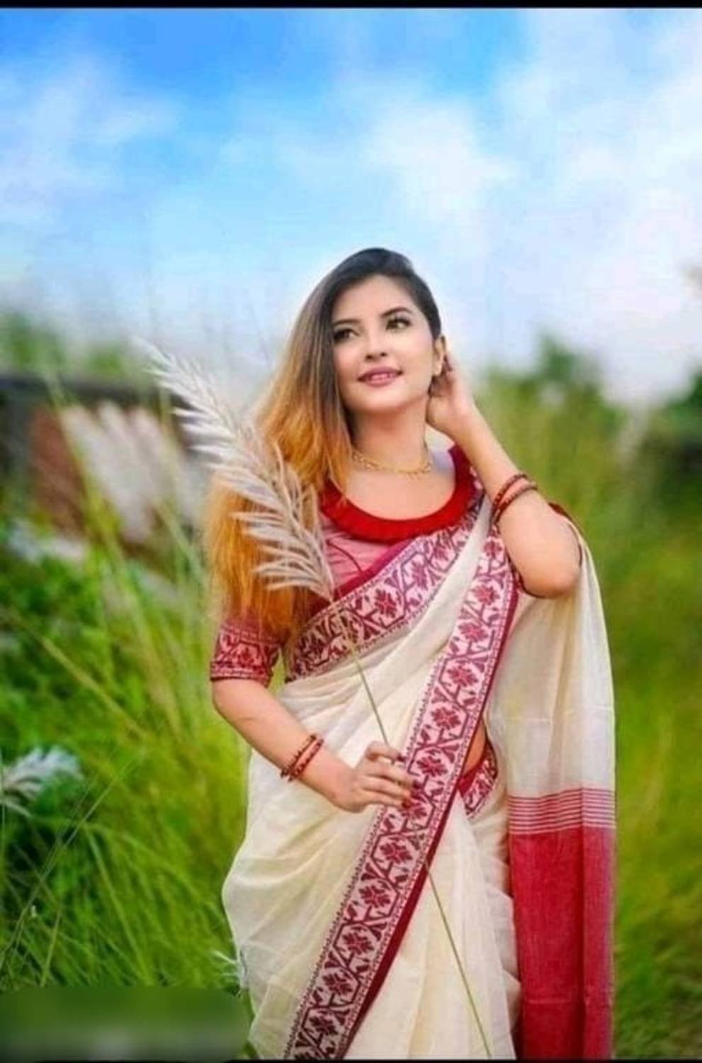 p fashion Printed Handloom Cotton Blend Saree (White)