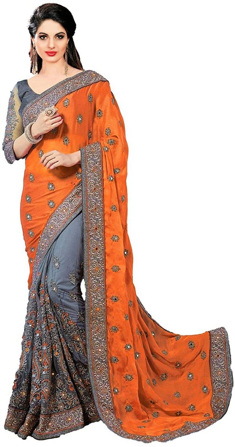 Swanken Embroidered Bollywood Silk Blend, Satin Saree (Orange)
