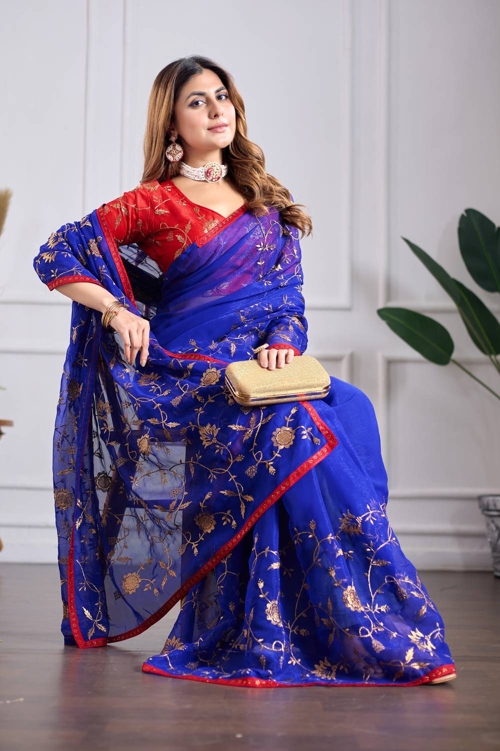 Mikhushop Embroidered Bollywood Silk Blend Saree (Blue)