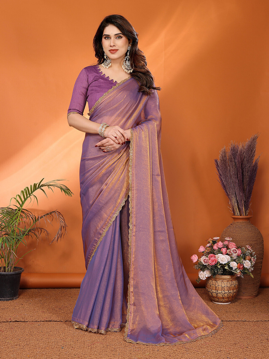 Image of kashvi sarees Embellished, Solid /Plain, Self Design Bollywood Tissue Saree