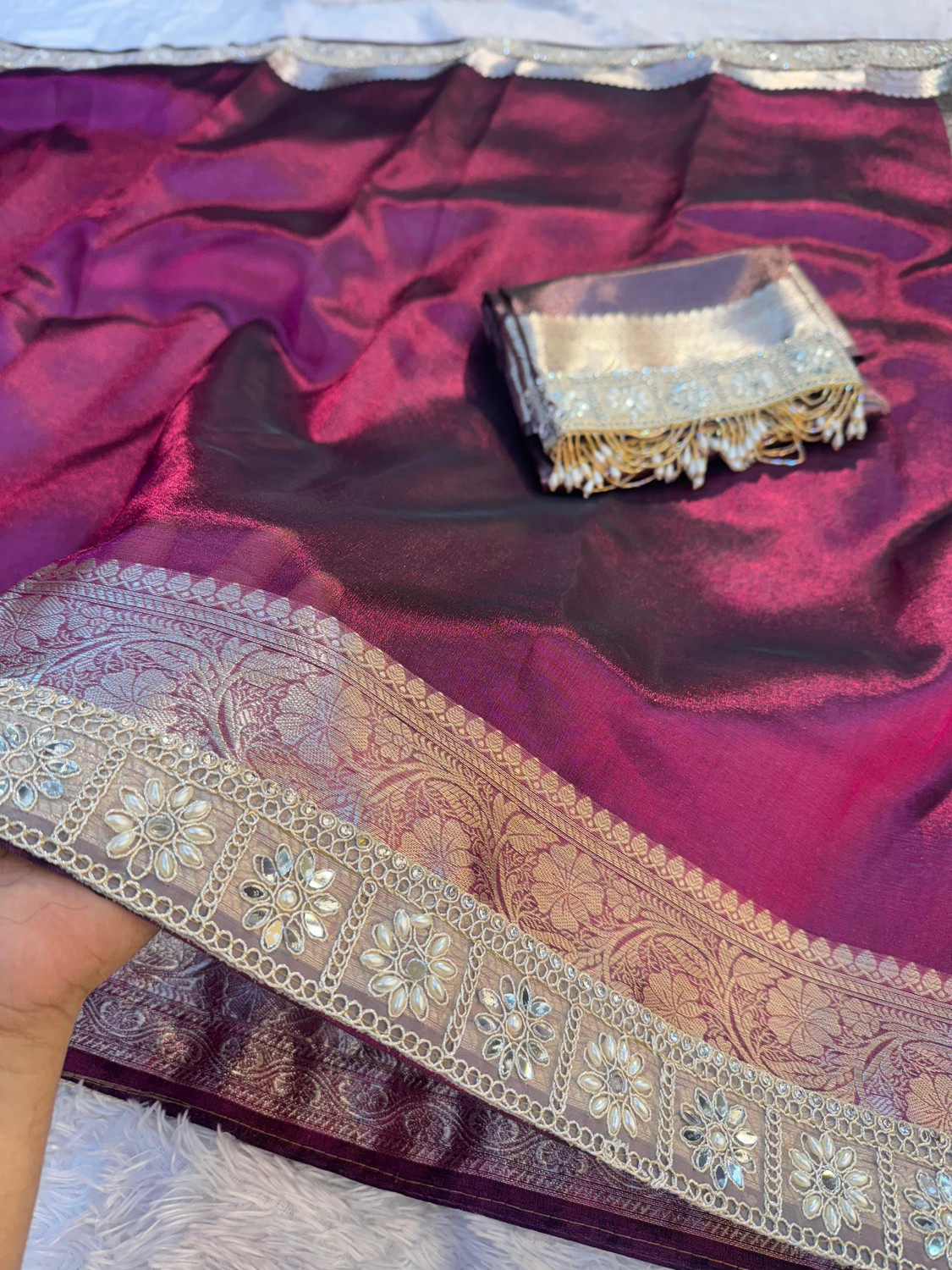 Image of Banaras silk palace Embroidered Bollywood Tissue Saree
