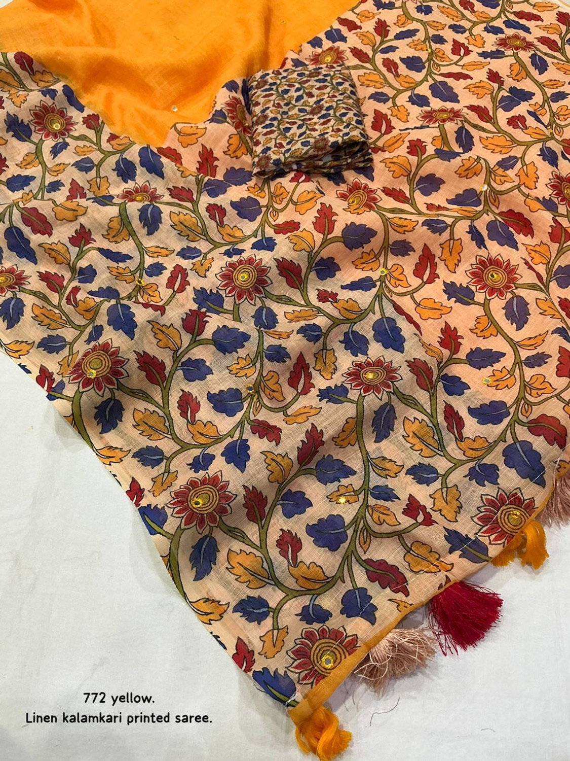 Image of KAMALKUNJ DESIGNER Floral Print Kalamkari Cotton Linen Saree (Multicolor)