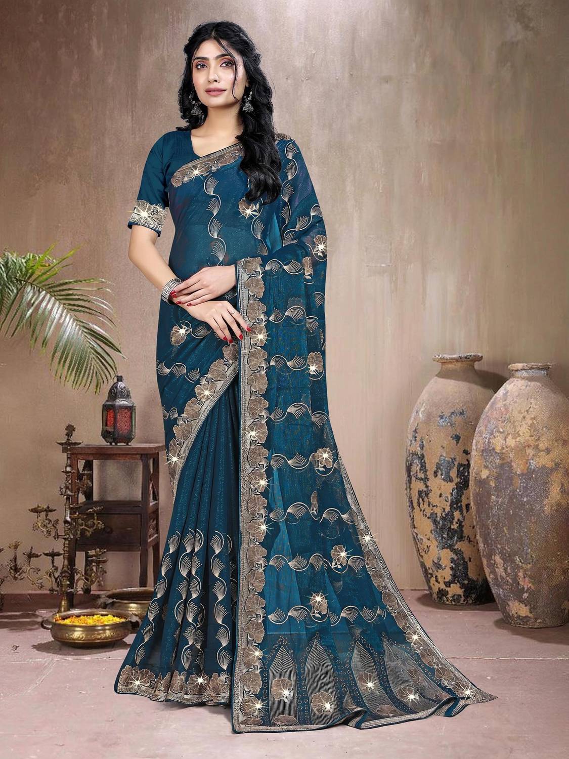 AnjaniTextiles Embroidered Bollywood Georgette Saree