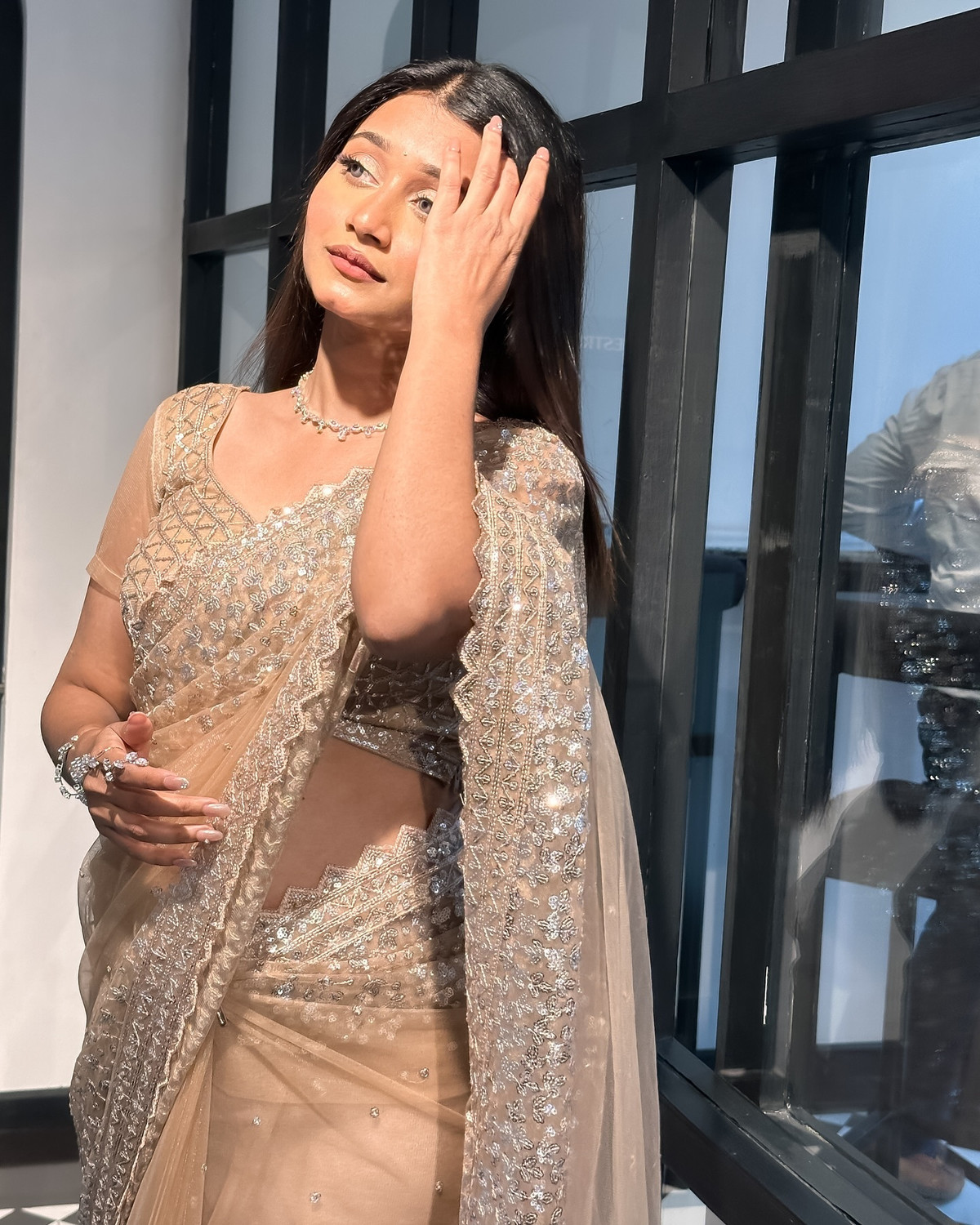 Image of KRISHNACOLLECTION9 Embroidered, Embellished, Self Design Bollywood Net Saree