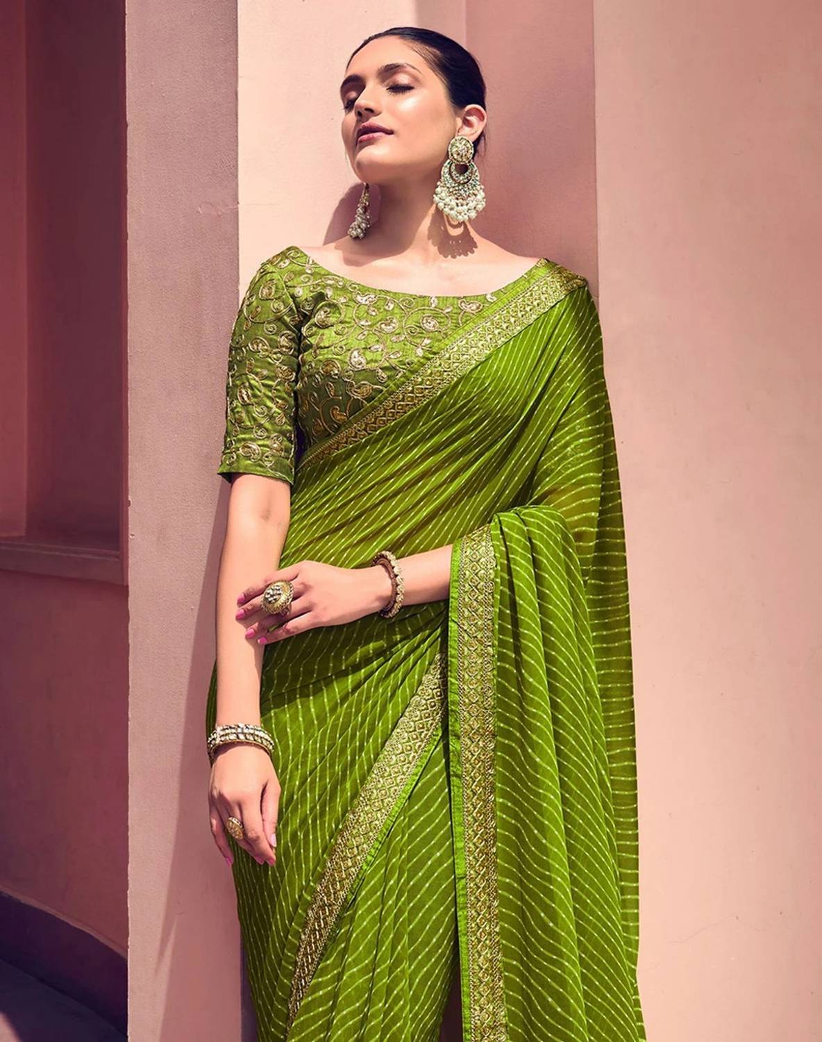 SPIRISA ETHINIC Self Design Leheria Georgette Saree (Green)