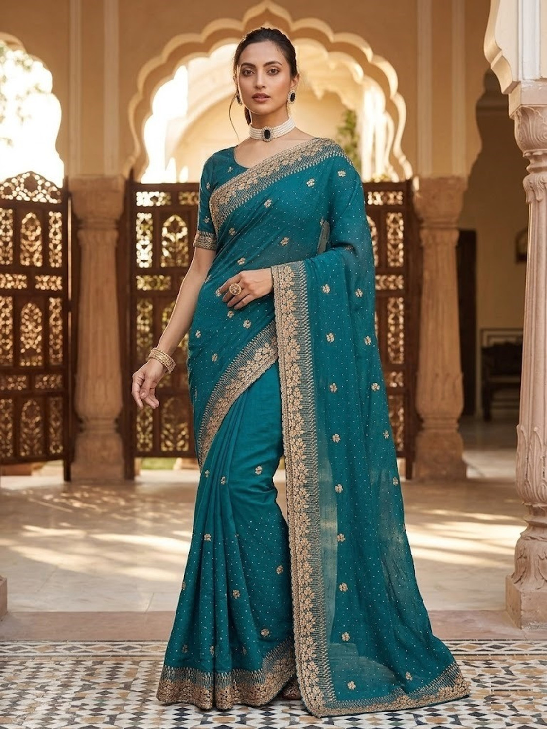 Image of FABMORA Embroidered Bollywood Silk Blend Saree