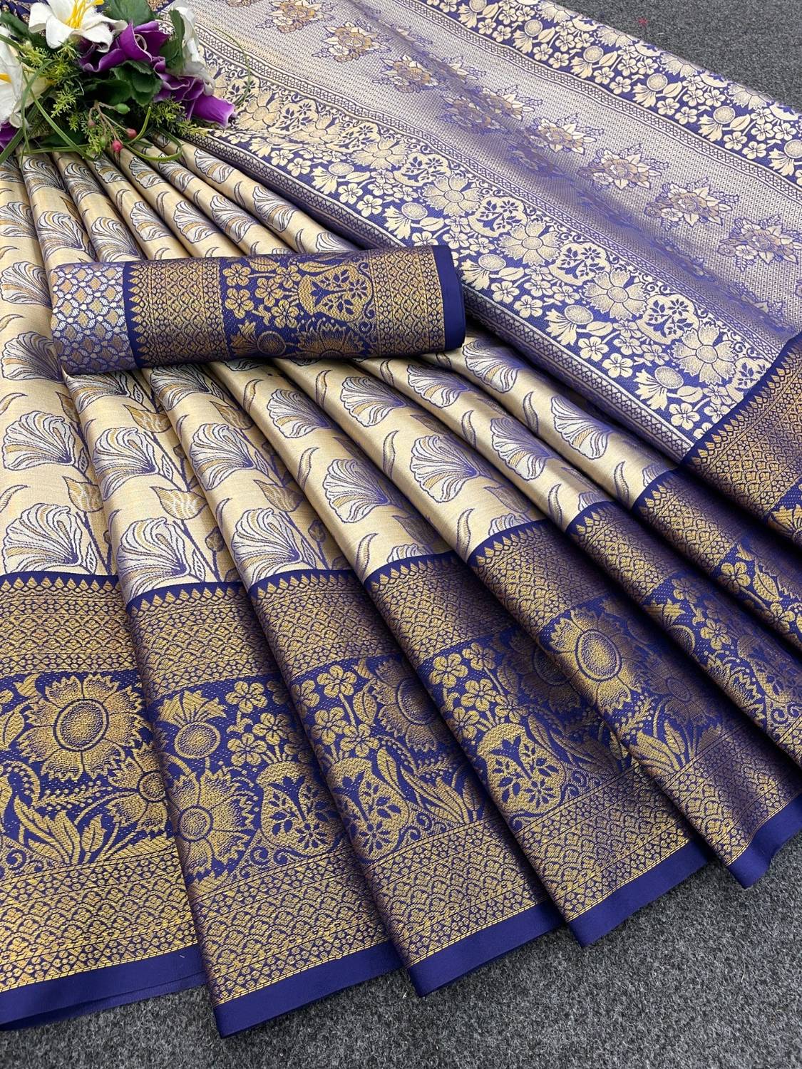 Tankori Self Design Banarasi Tissue Saree (Dark Blue)