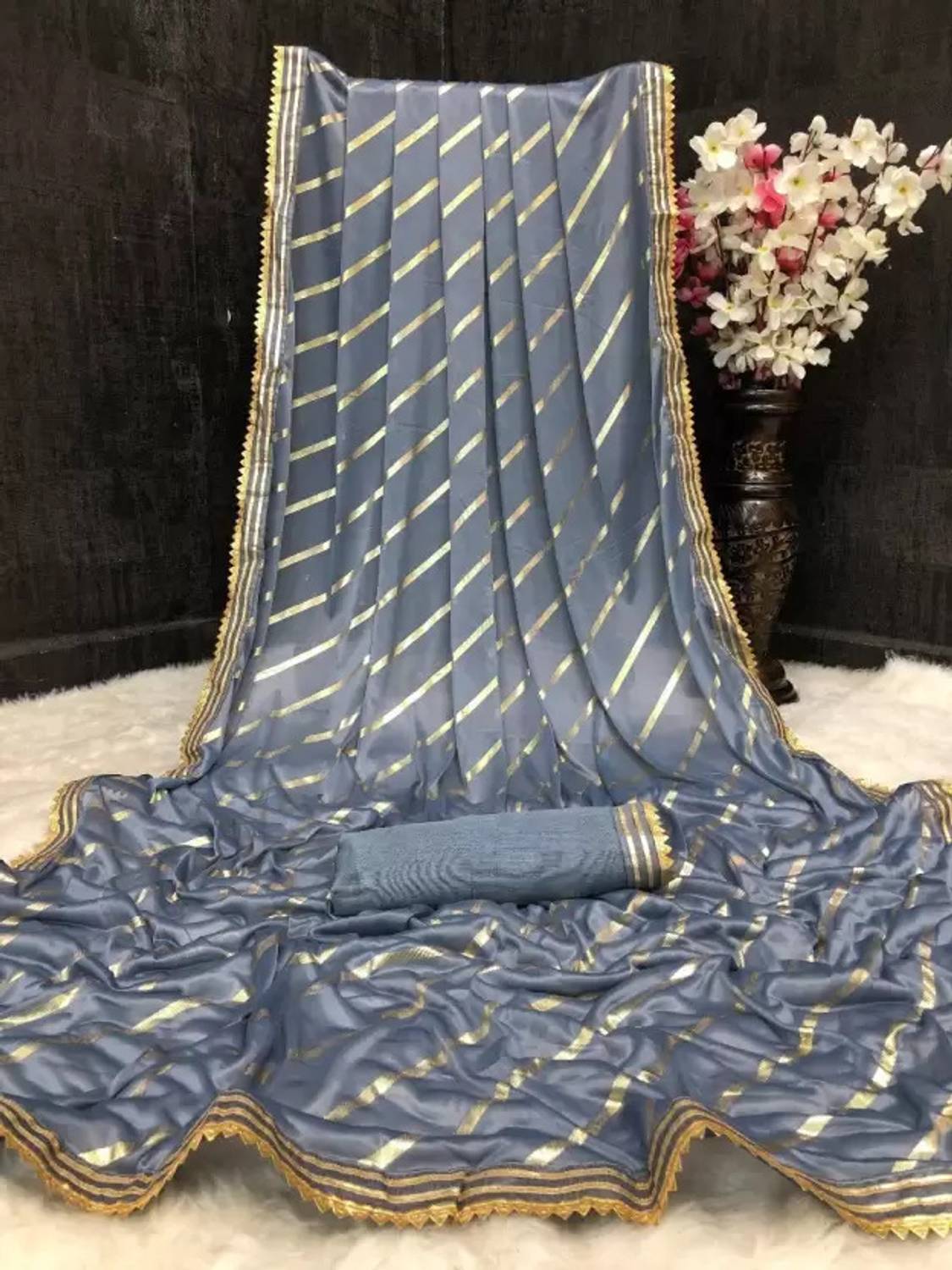 AMALAK Striped Bollywood Lycra Blend Saree