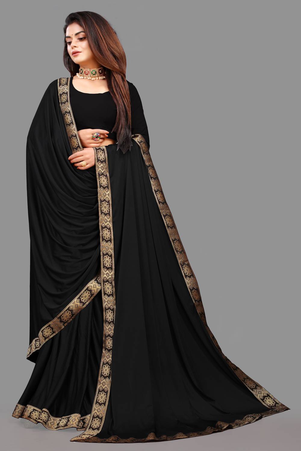 3Buddy Fashion Temple Border Daily Wear Lycra Blend Saree