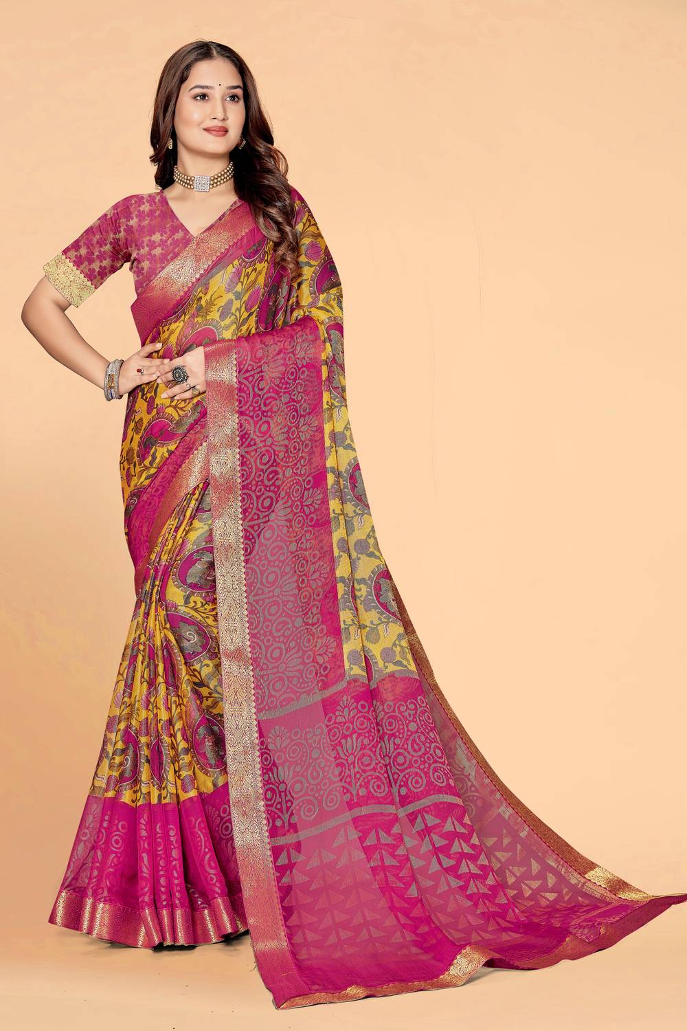 Emv Everymoment Vouge Woven, Paisley, Polka Print, Floral Print, Geometric Print Bollywood Chiffon, Brasso Saree