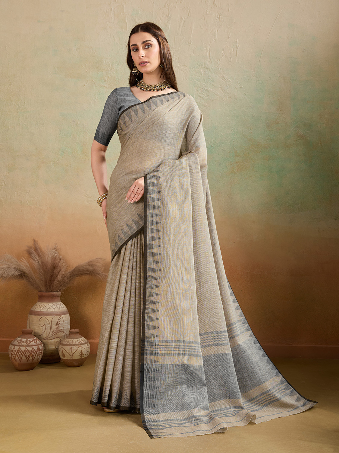 Image of BFM Woven Bollywood Linen Saree (Beige)