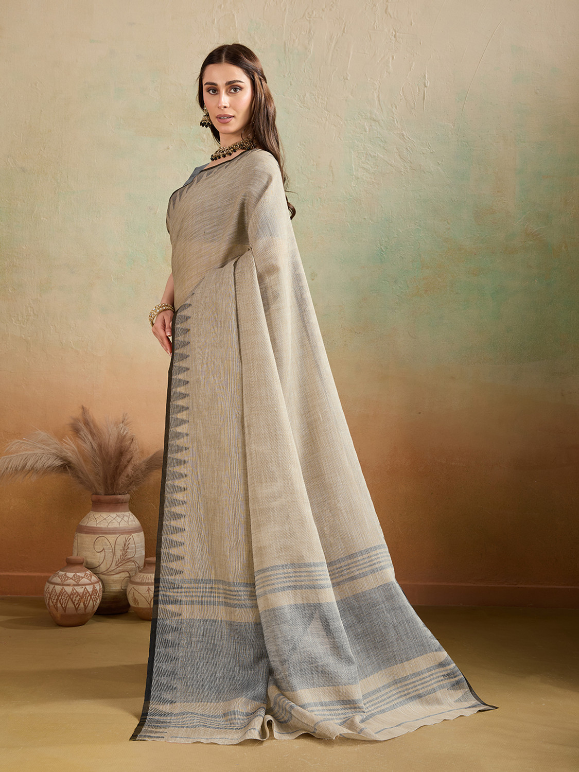 Image of BFM Woven Bollywood Linen Saree (Beige)