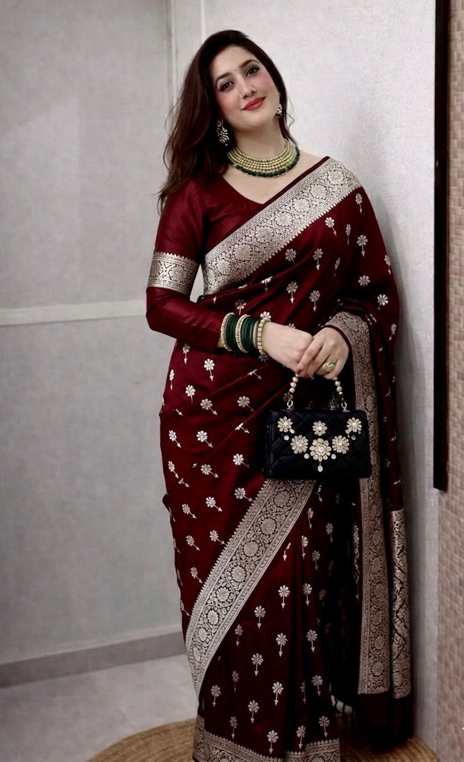 Image of BANARASI LOOM SARIS Woven, Floral Print, Embroidered Banarasi Satin Saree