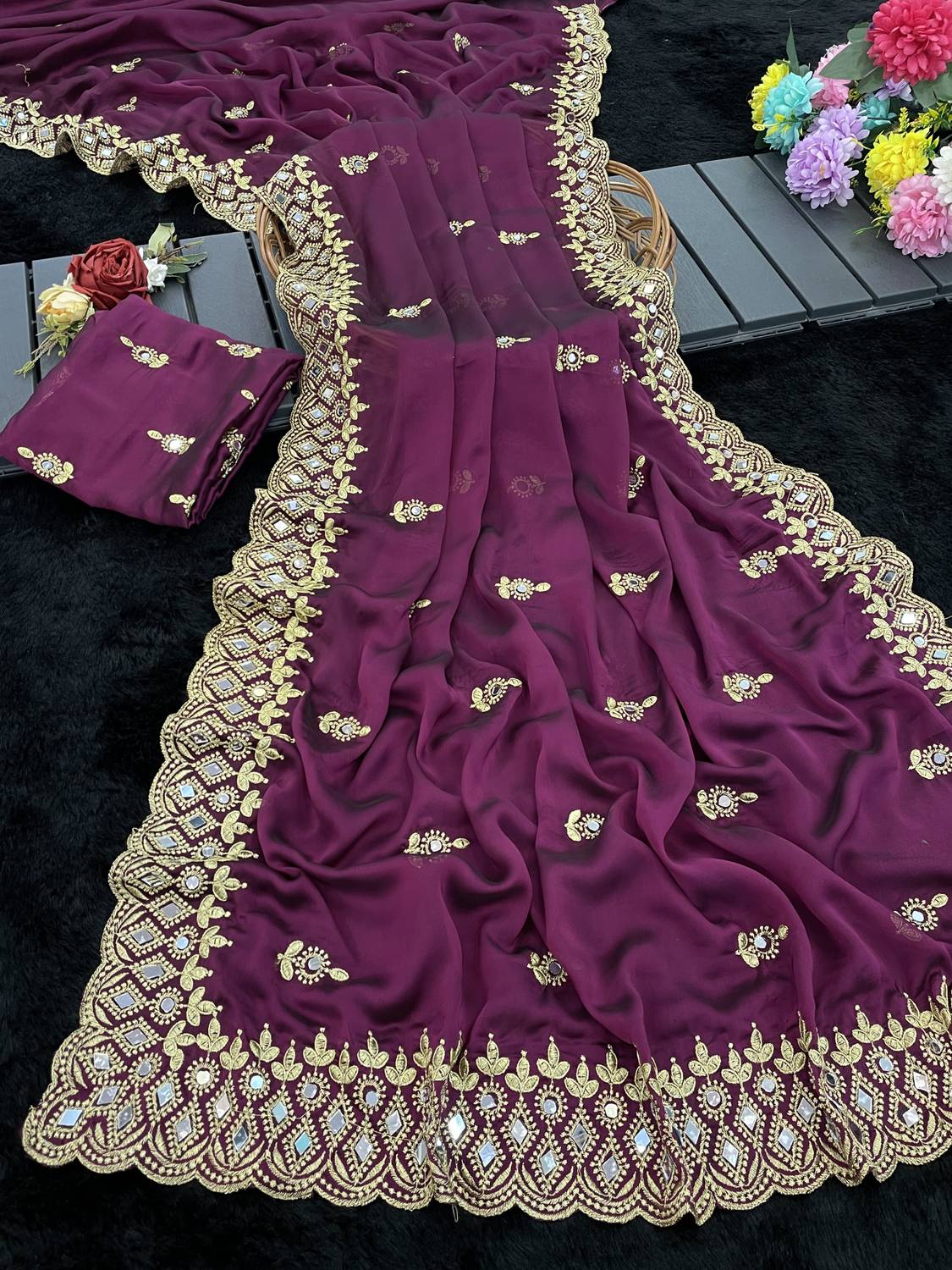 RHG Fashion Embroidered Banarasi Art Silk Saree (Purple)