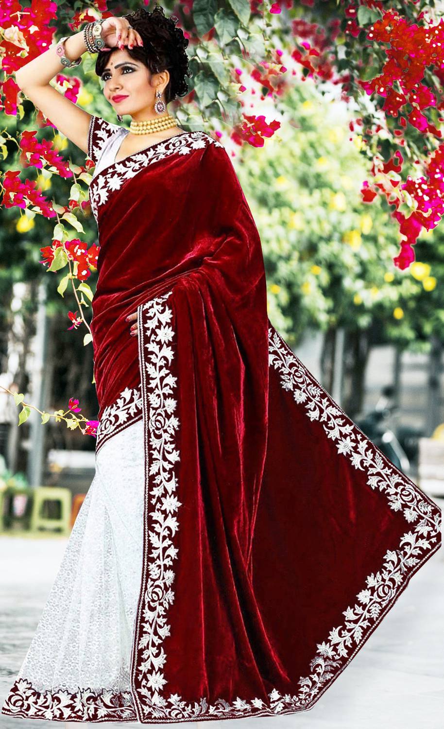 Anugrah Textile Embroidered Banarasi Net, Velvet Saree