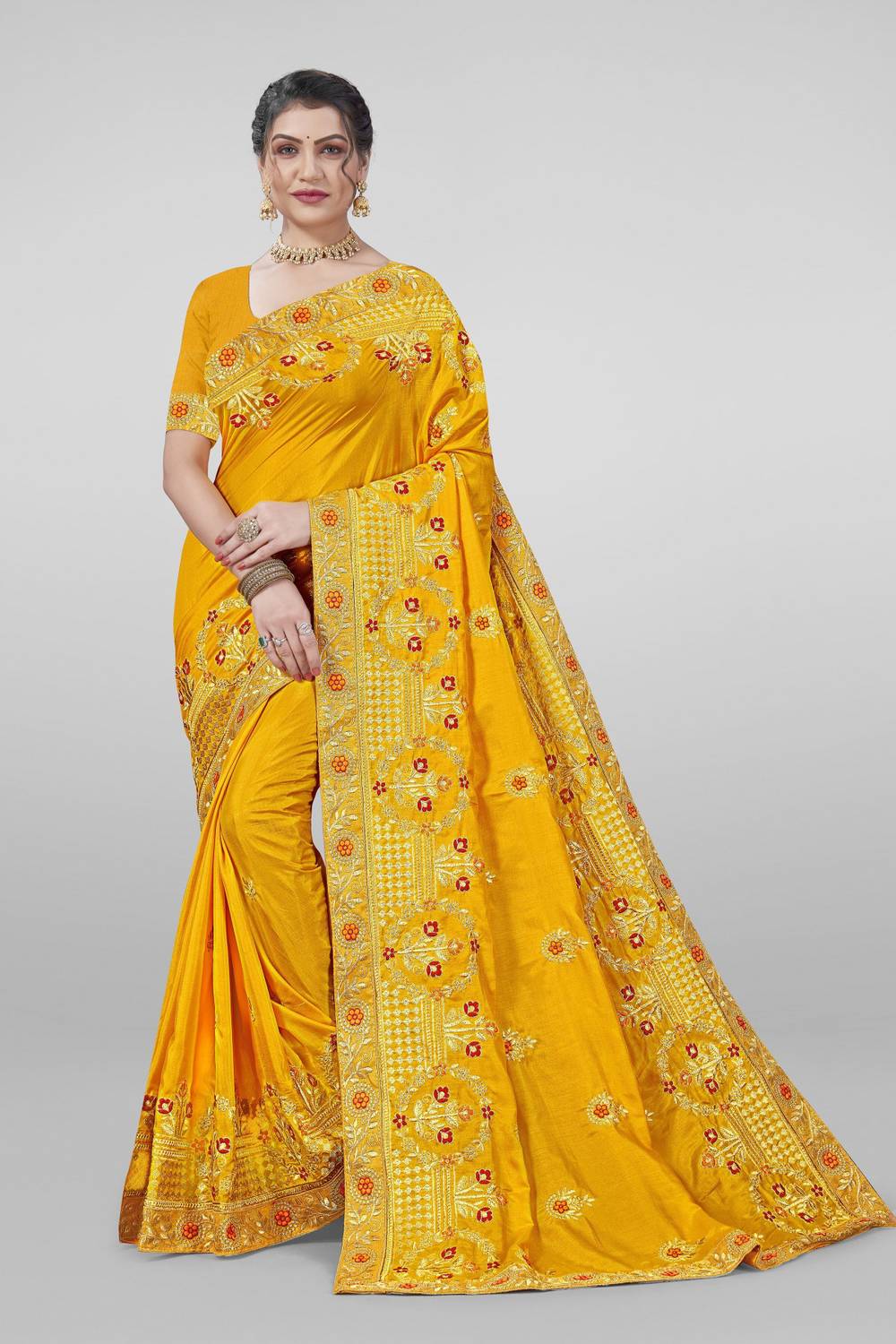 ROSYQUEEN Embroidered Bollywood Silk Blend Saree (Yellow)