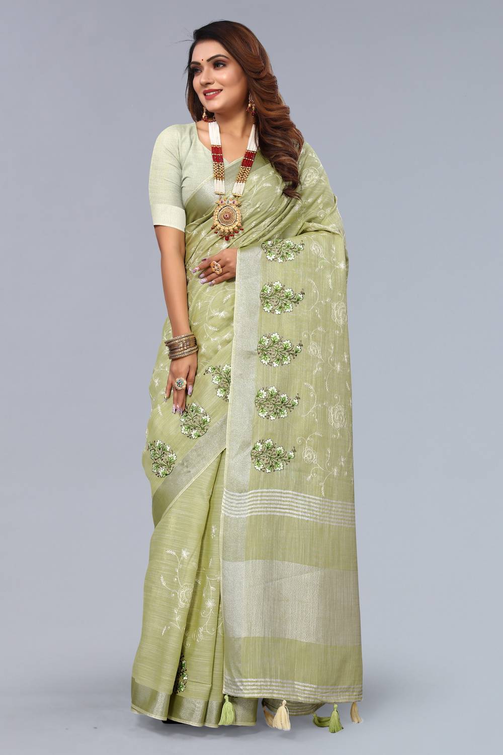 ALAGINI Embroidered Bollywood Cotton Linen, Pure Cotton Saree (Gr