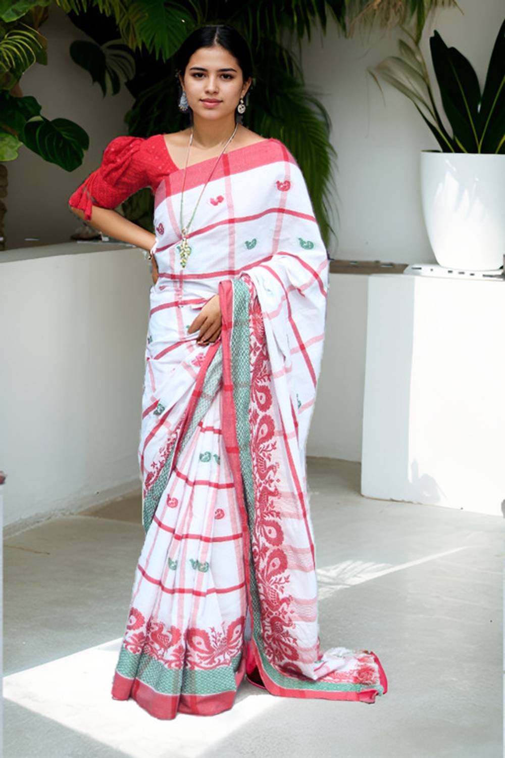 ADIVASI SHOP Solid/Plain Handloom Cotton Blend Saree