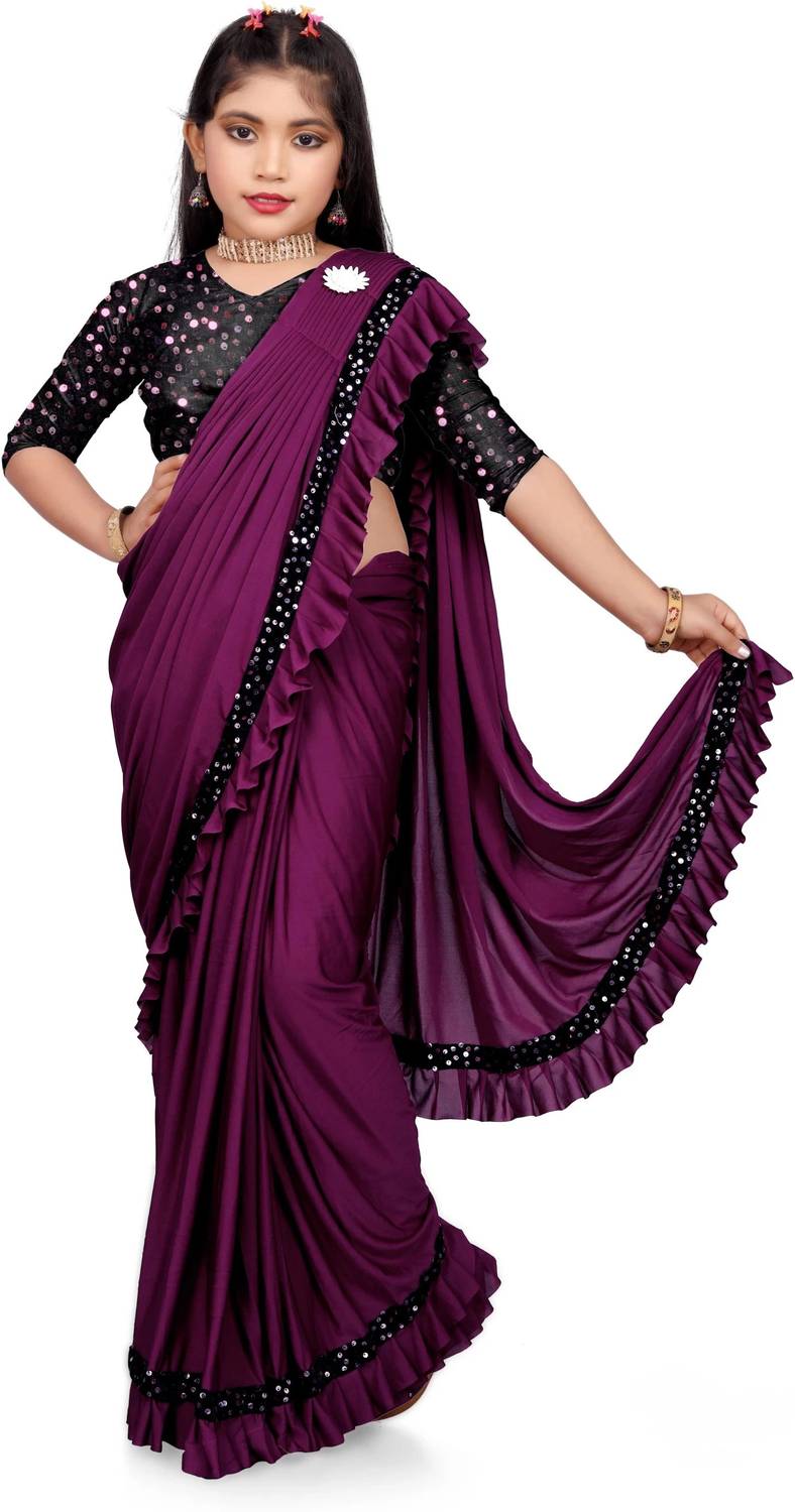 VRAJ TEX FAB Embellished Bollywood Lycra Blend Saree (Purple)