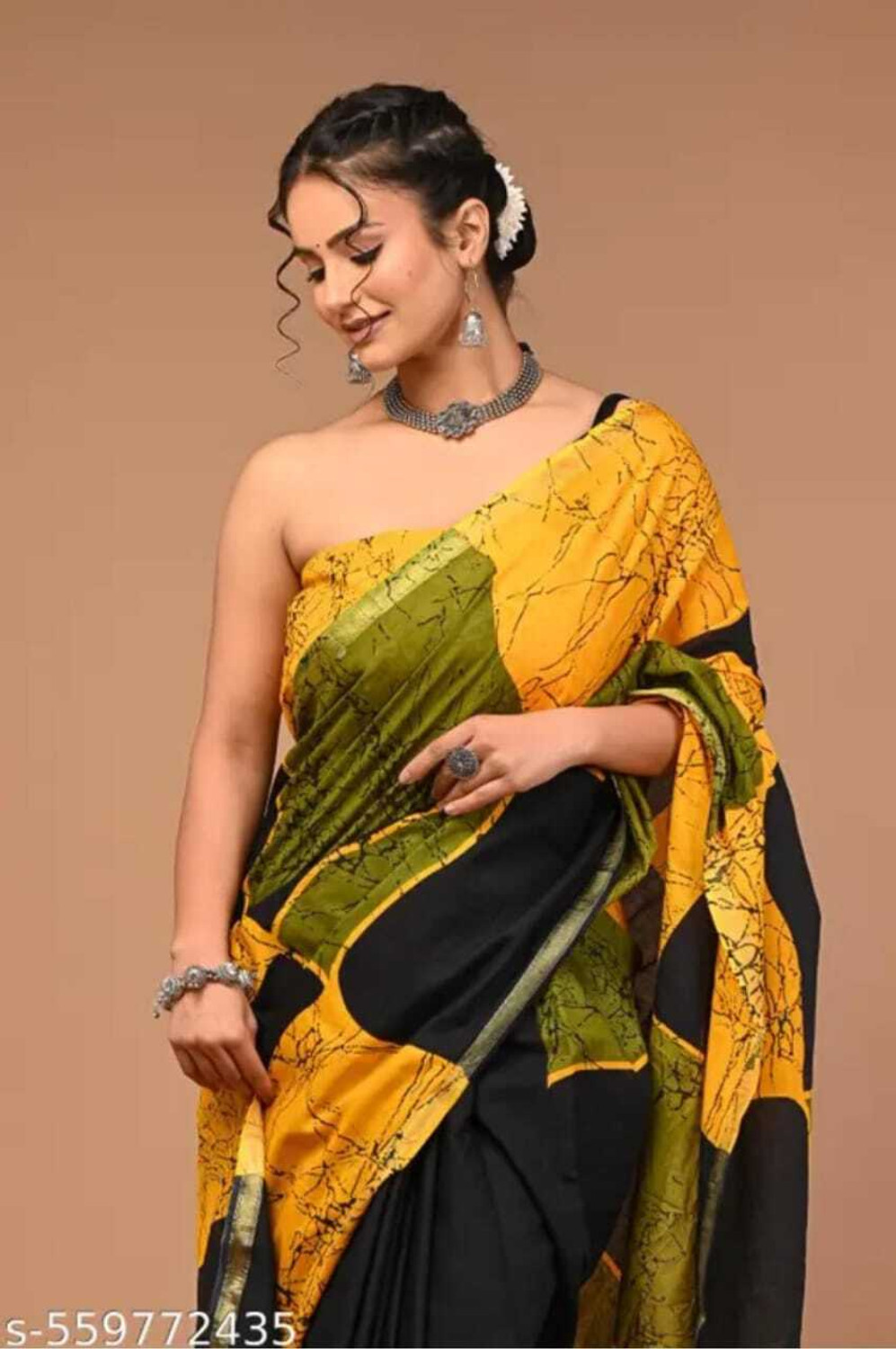 Image of NAVISHAFEB Printed, Color Block Daily Wear Cotton Blend Saree