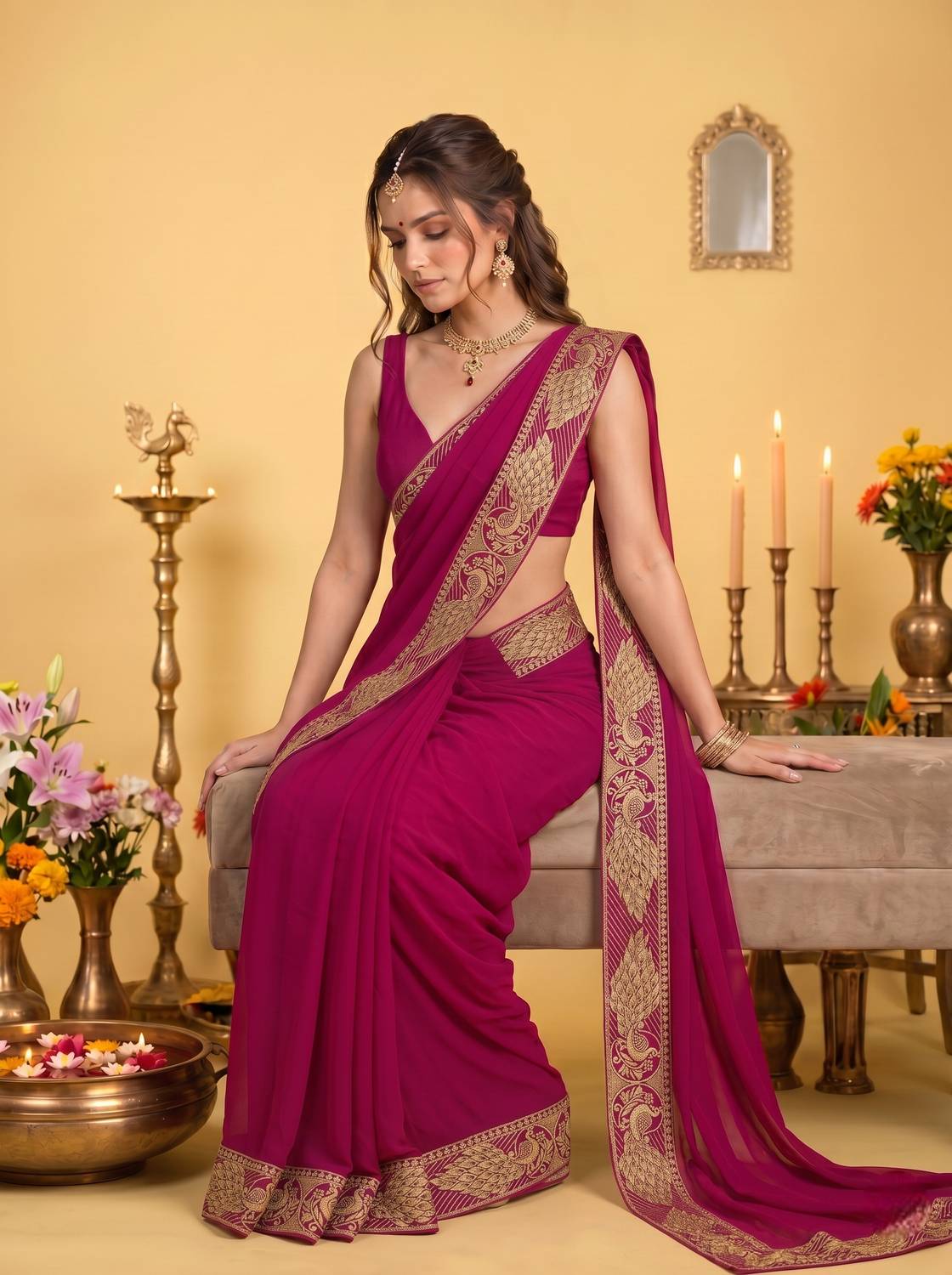 Anugrah Textile Self Design Banarasi Lycra Blend, Chiffon Saree
