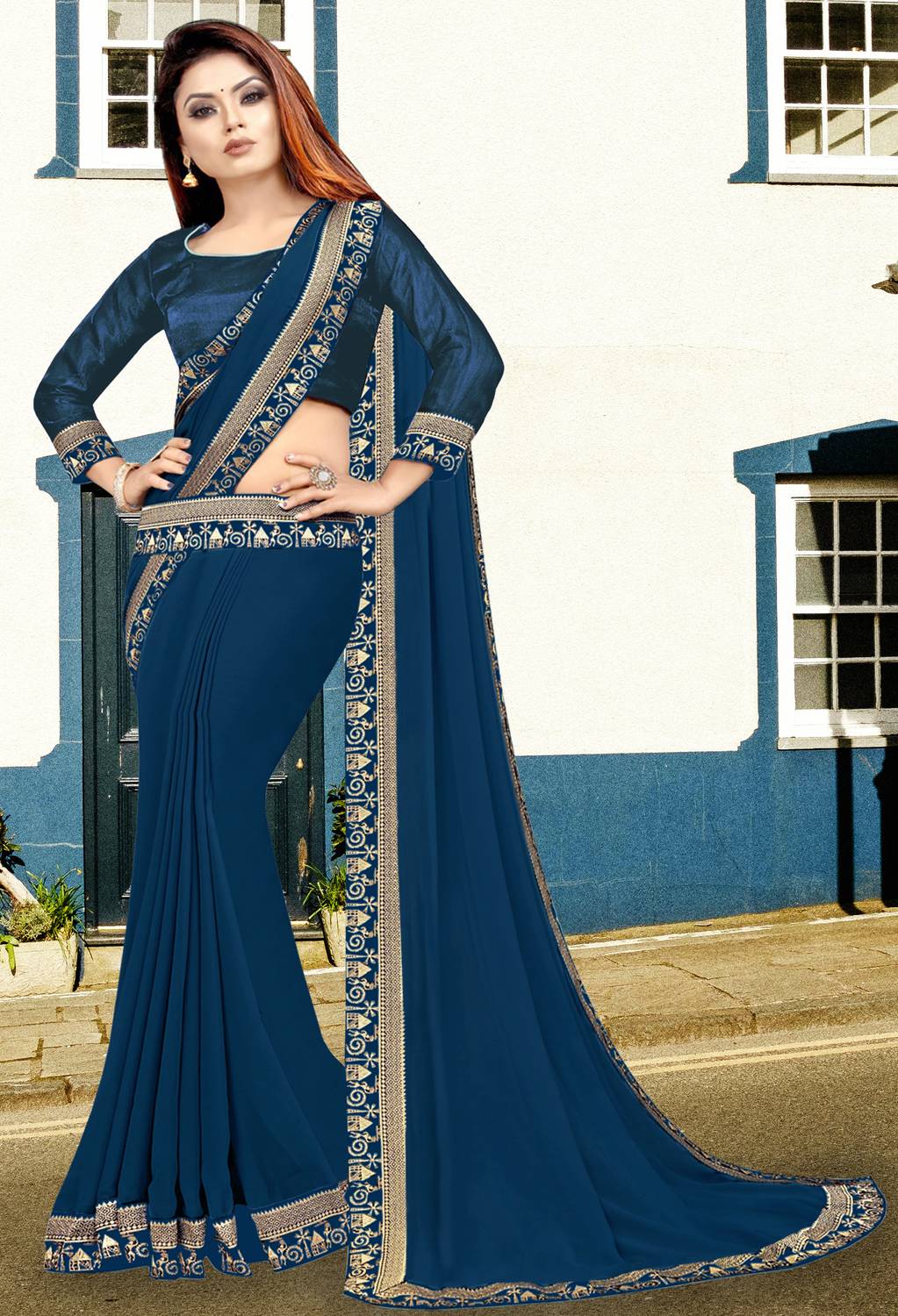 HNC Retail Solid/Plain Bollywood Lycra Blend, Chiffon Saree (Dark