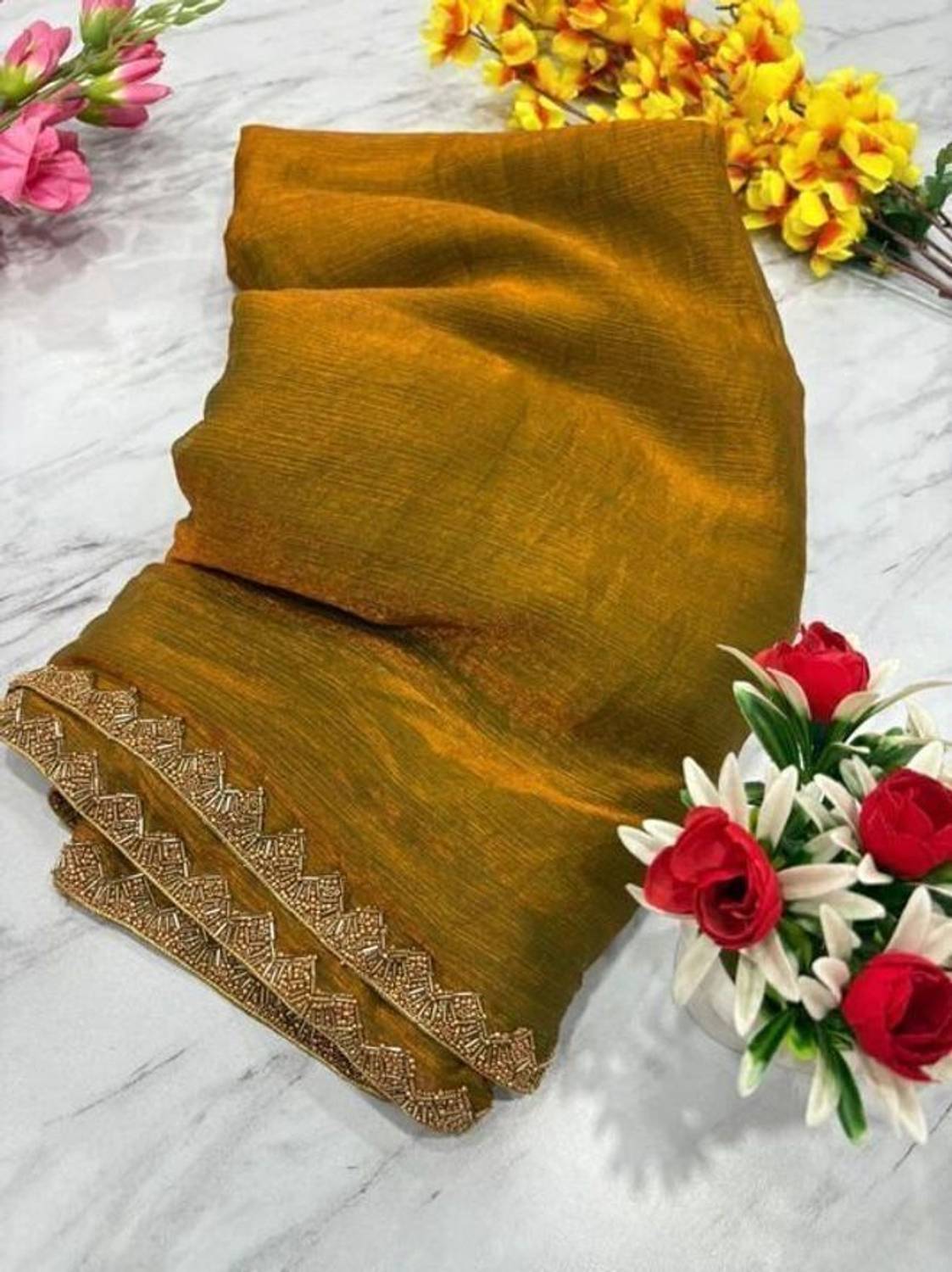 TIGERSNAKE Embroidered Bollywood Chiffon Silk Saree - Image 1
